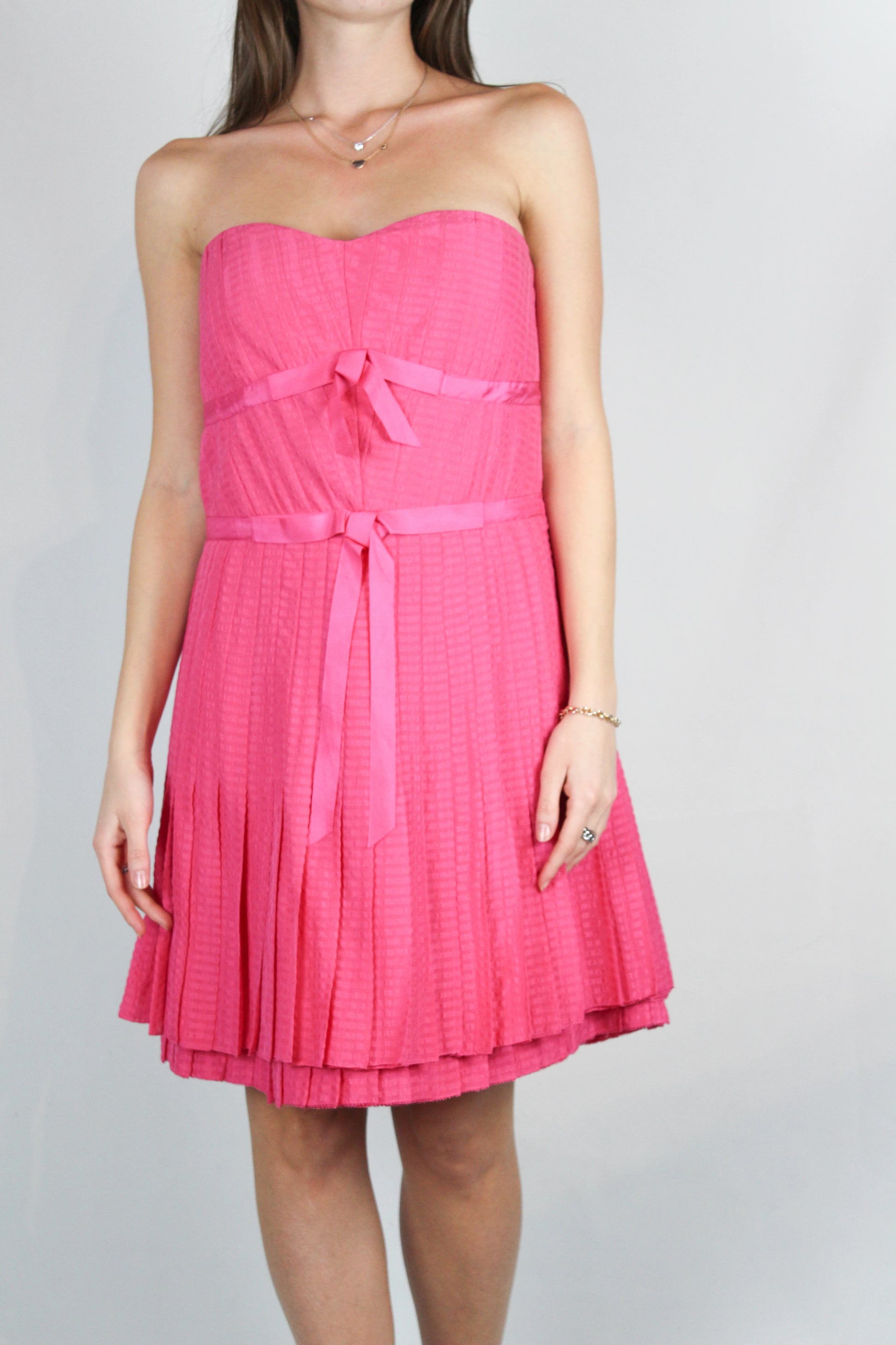 Pink Silk Pleated Mini Dress with Ribbons and Sweetheart Neckline