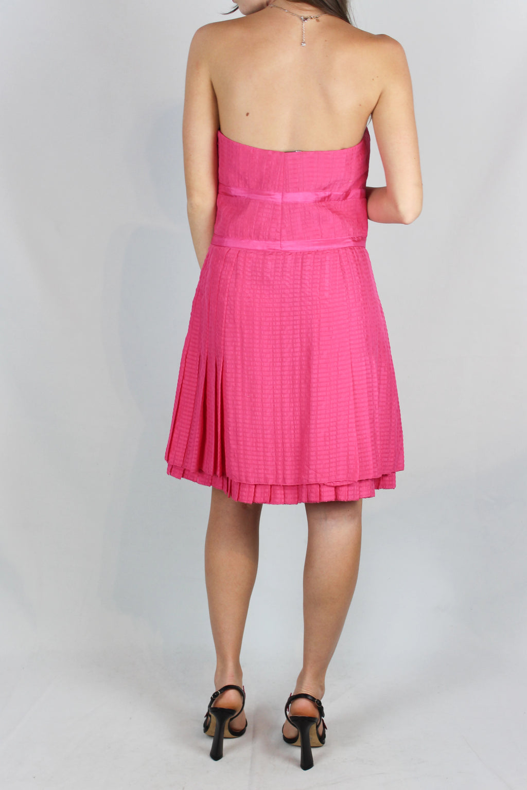 Pink Silk Pleated Mini Dress with Ribbons and Sweetheart Neckline
