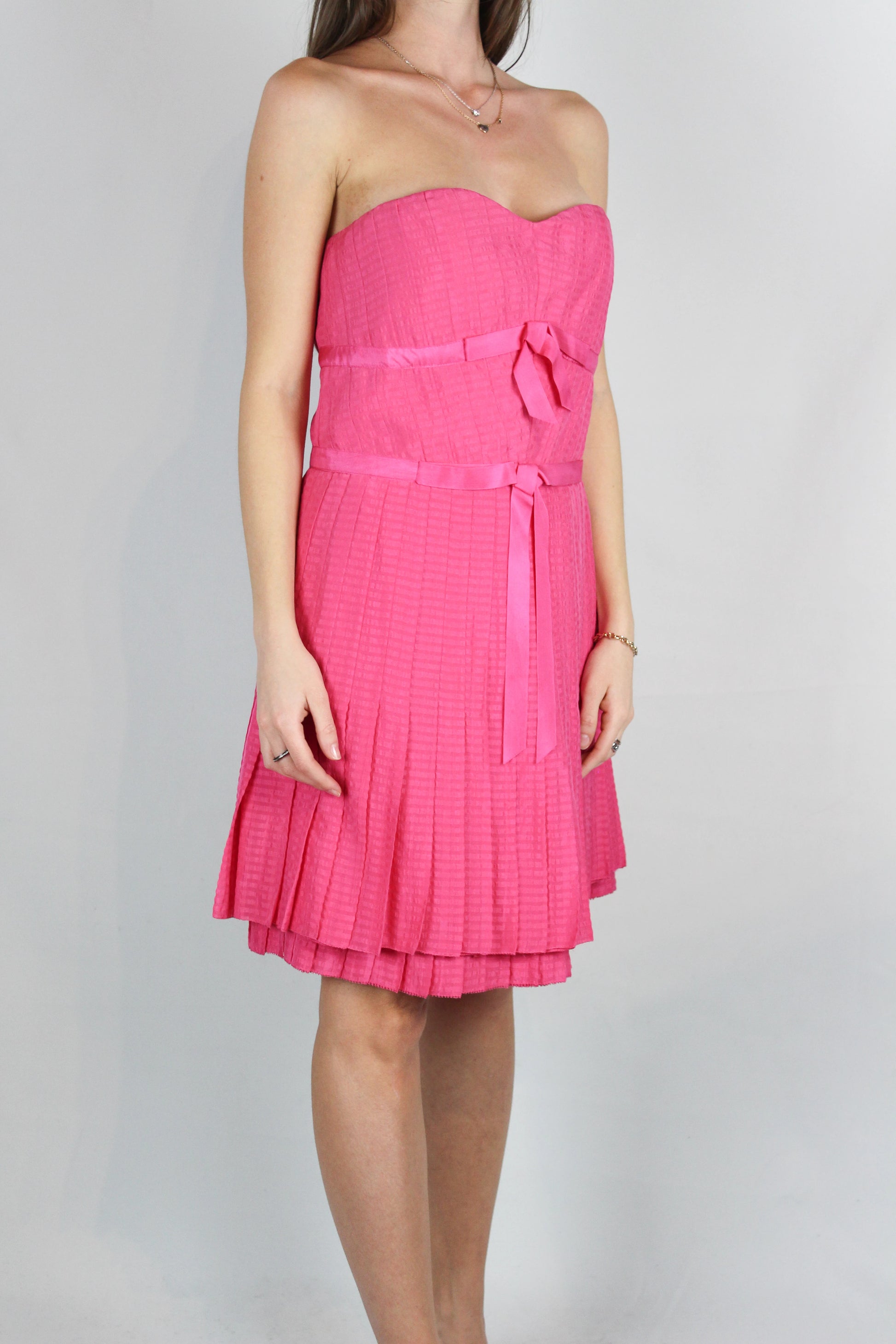 Pink Silk Pleated Mini Dress with Ribbons and Sweetheart Neckline