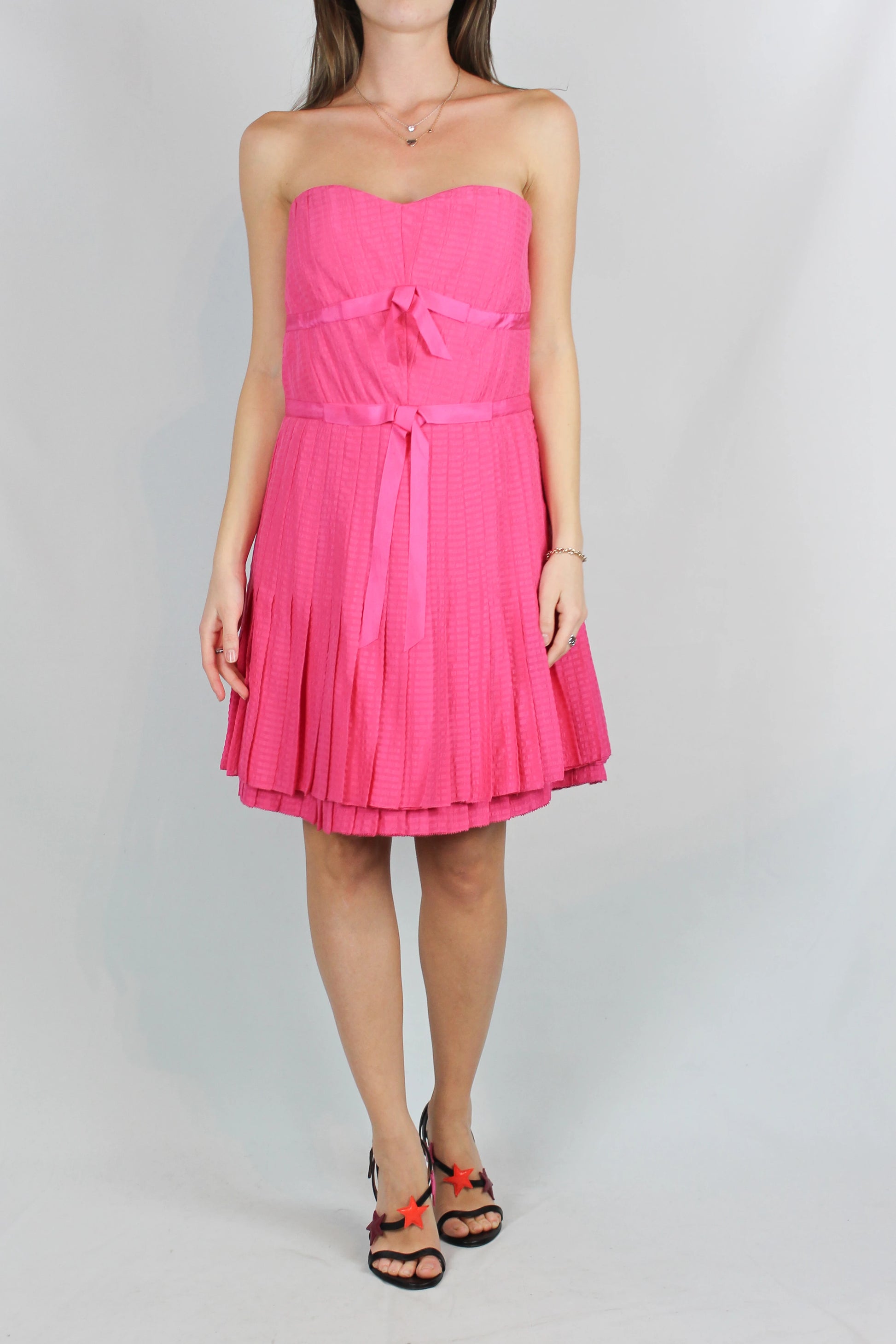 Pink Silk Pleated Mini Dress with Ribbons and Sweetheart Neckline