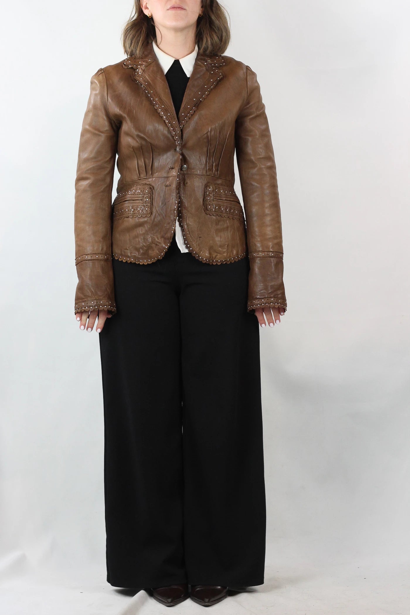 Brown Leather Blazer with Fitted Waist