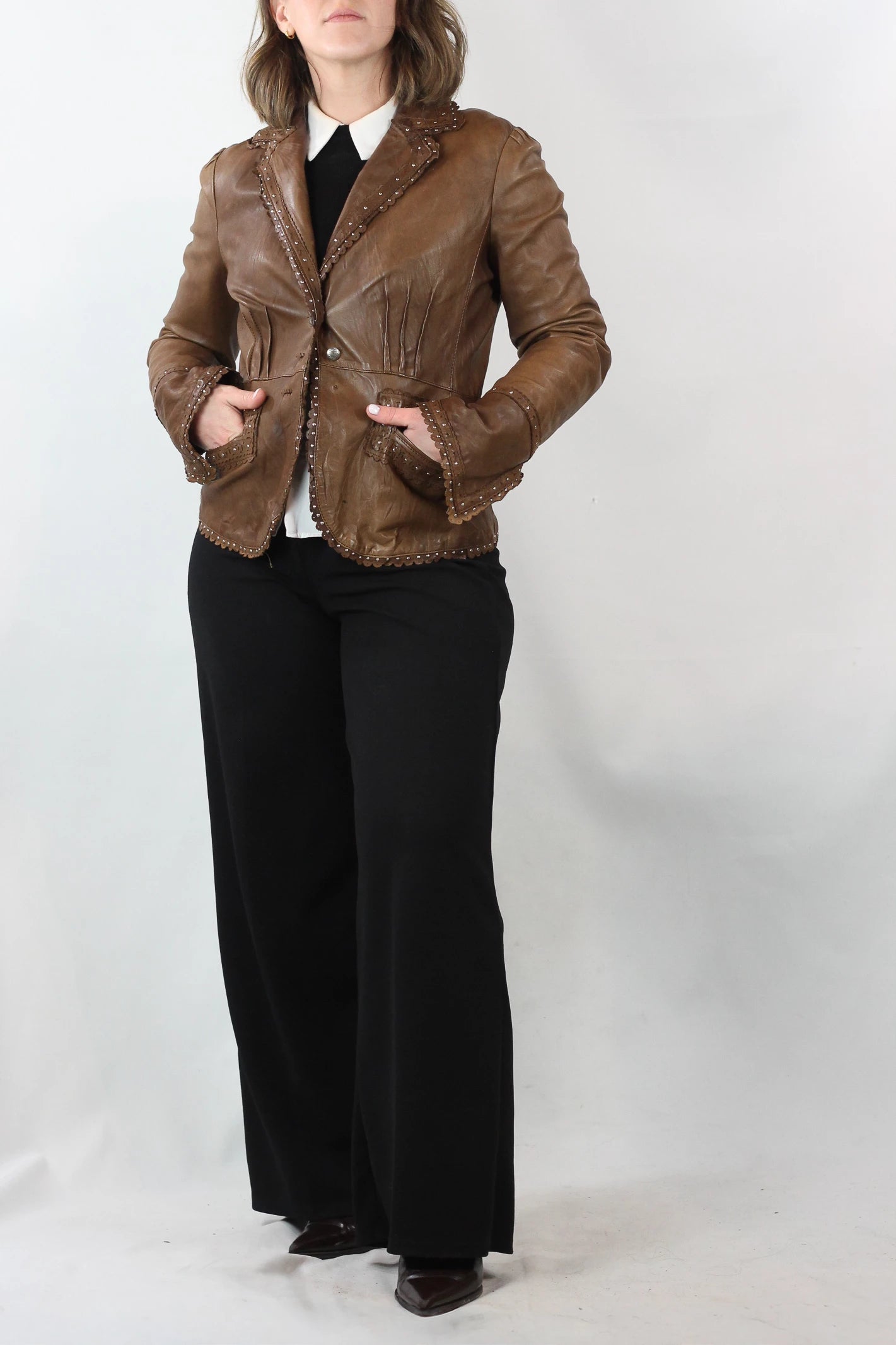 Brown Leather Blazer with Fitted Waist