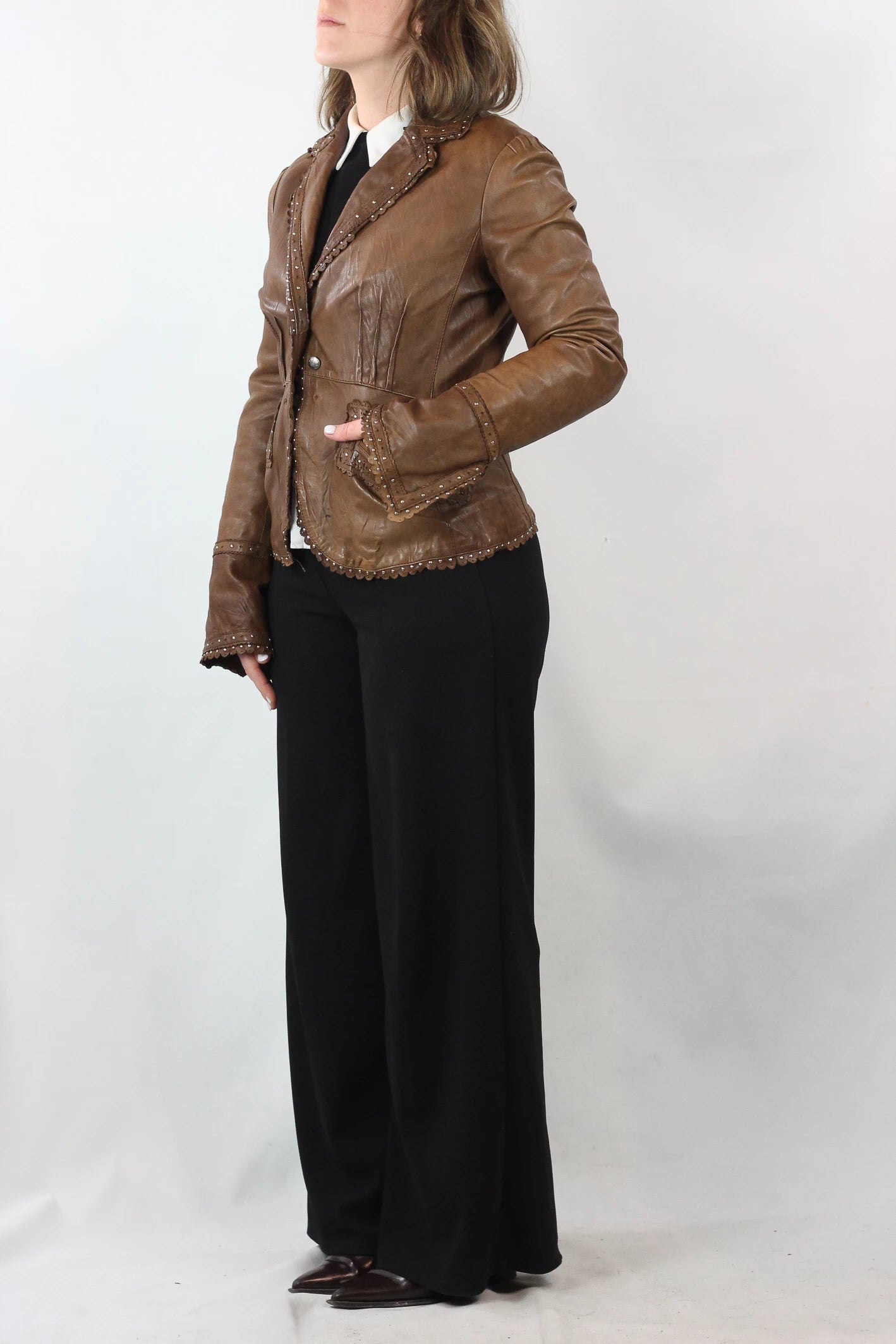 Brown Leather Blazer with Fitted Waist