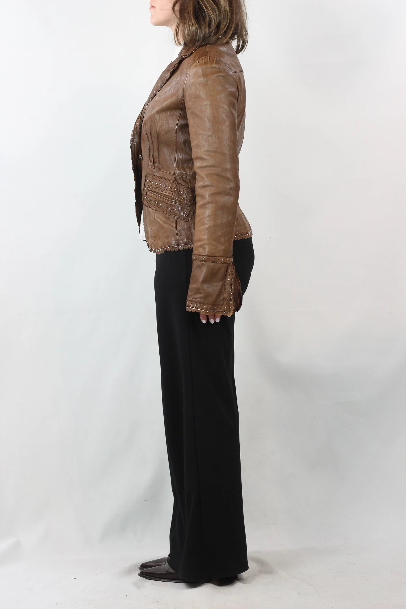 Brown Leather Blazer with Fitted Waist