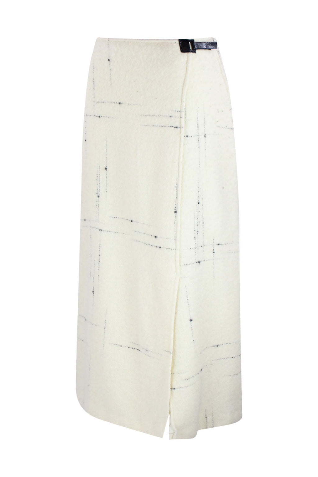Wool wrap skirt with black stitching and leather closure