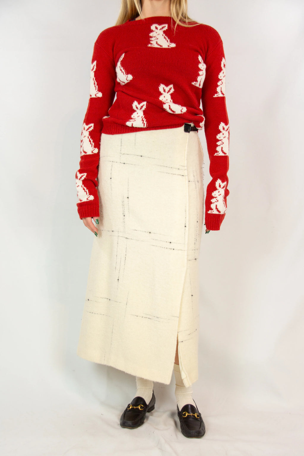 Wool wrap skirt with black stitching and leather closure