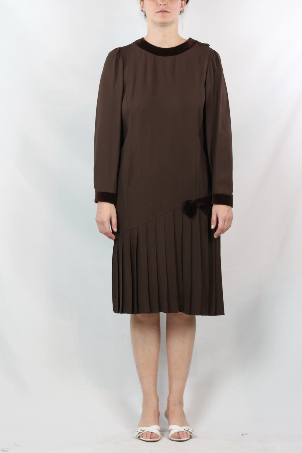 Brown Dress with Velvet Trim