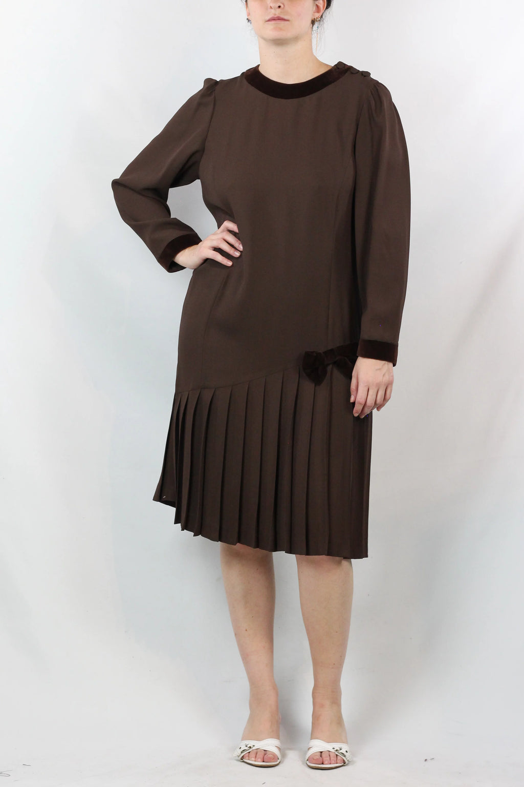 Brown Dress with Velvet Trim