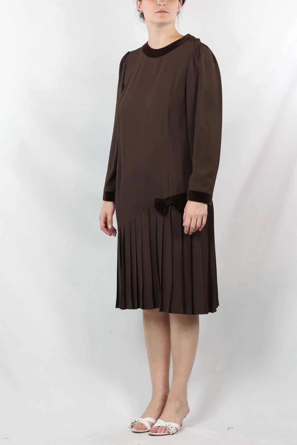 Brown Dress with Velvet Trim