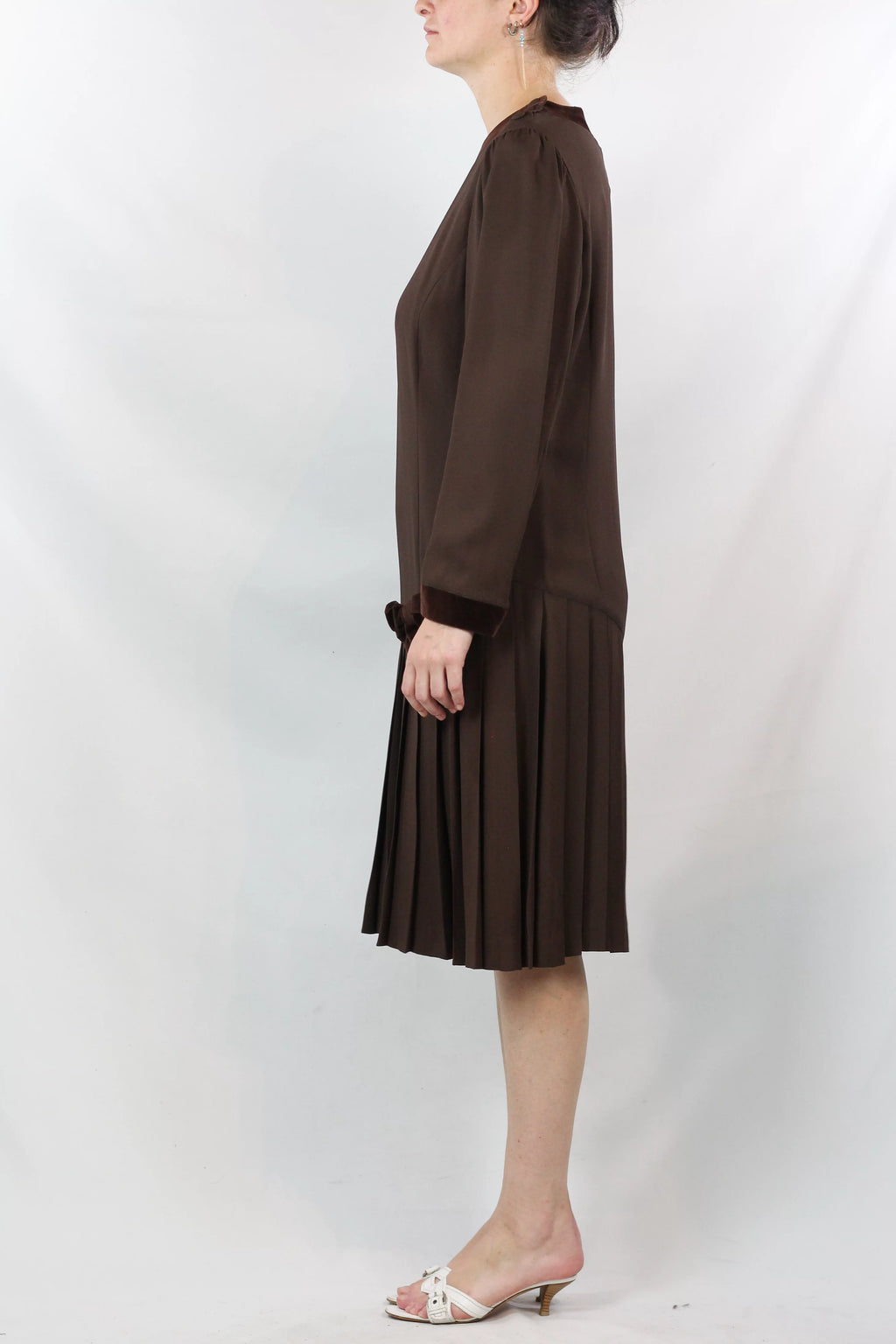 Brown Dress with Velvet Trim