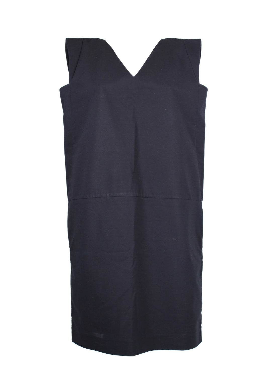 Navy Blue Cotton Straight-Cut Dress with V-Neckline