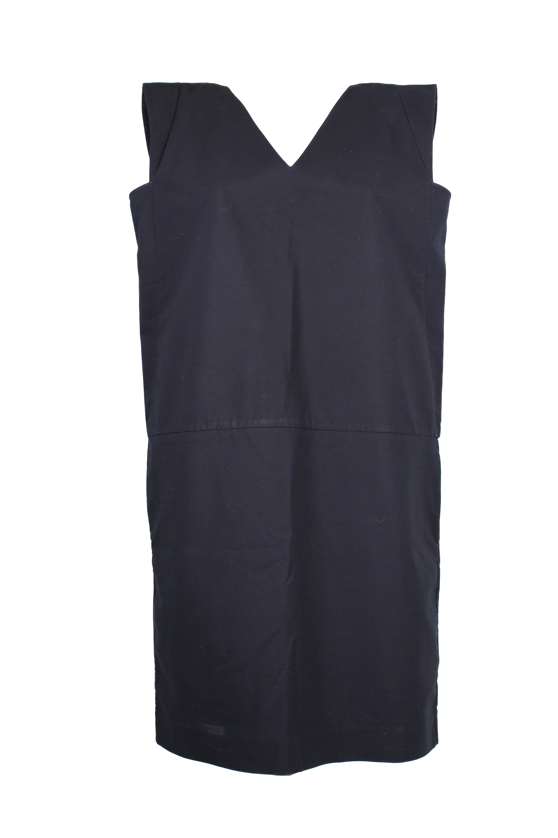 Navy Blue Cotton Straight-Cut Dress with V-Neckline