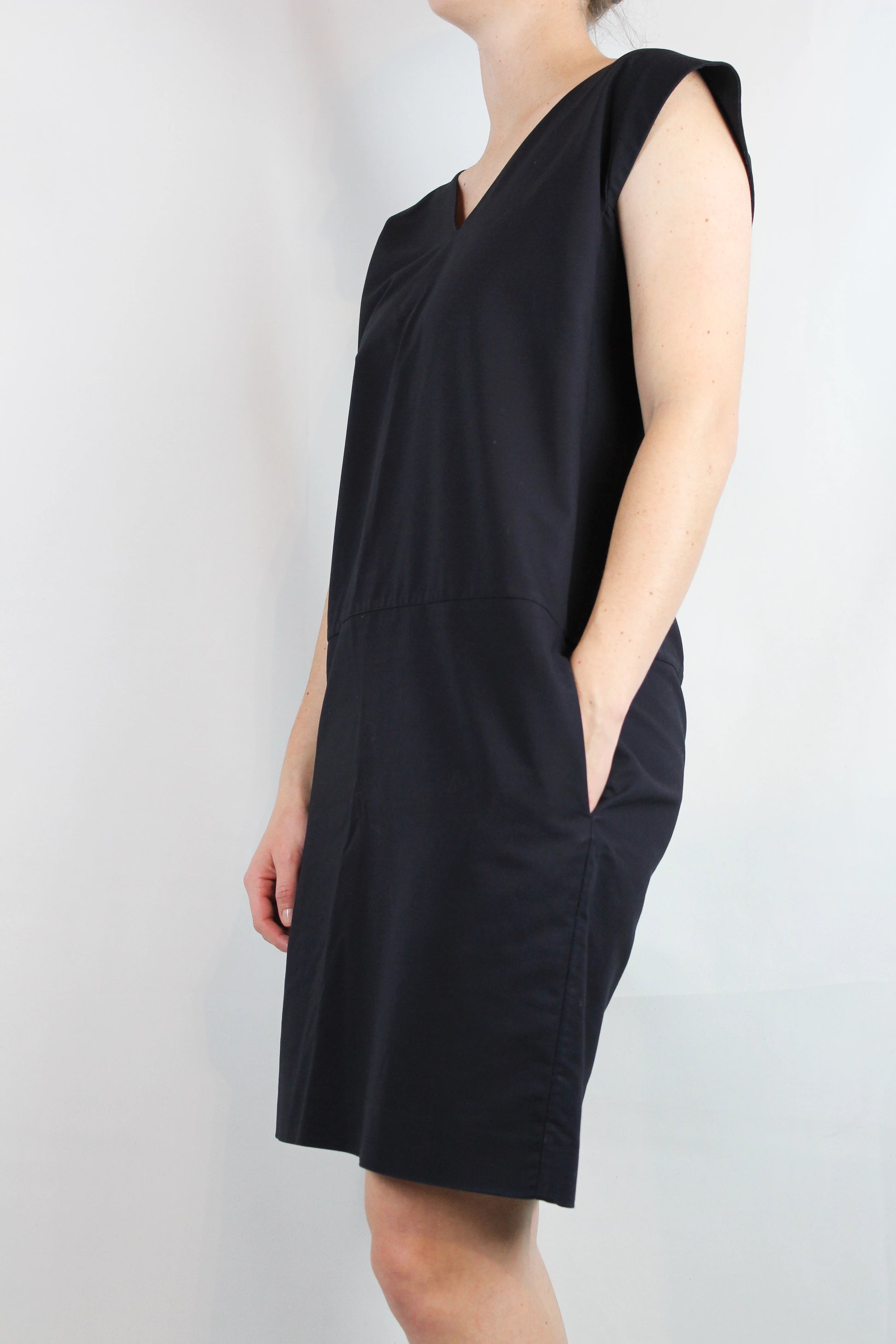 Navy Blue Cotton Straight-Cut Dress with V-Neckline