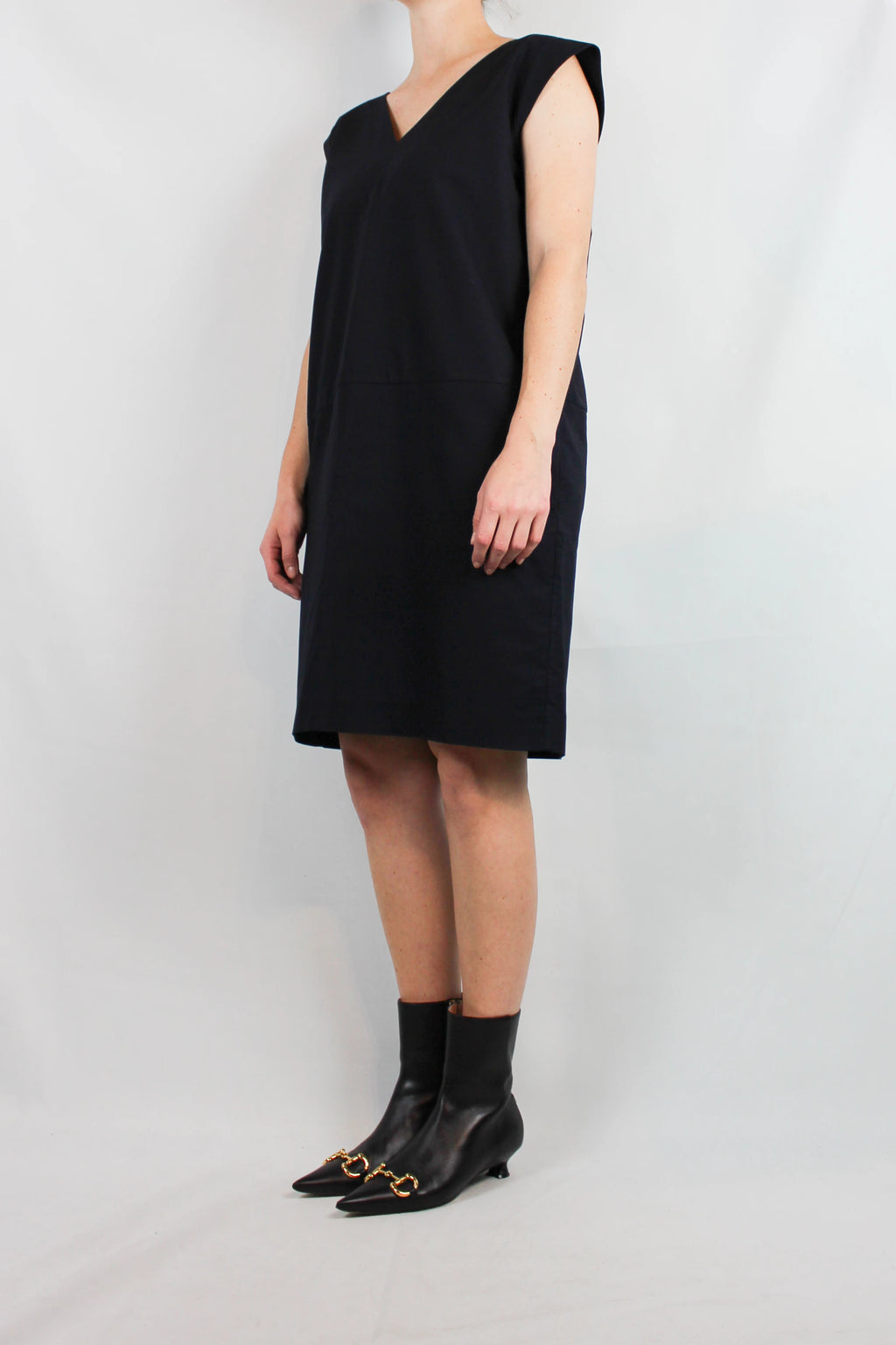 Navy Blue Cotton Straight-Cut Dress with V-Neckline