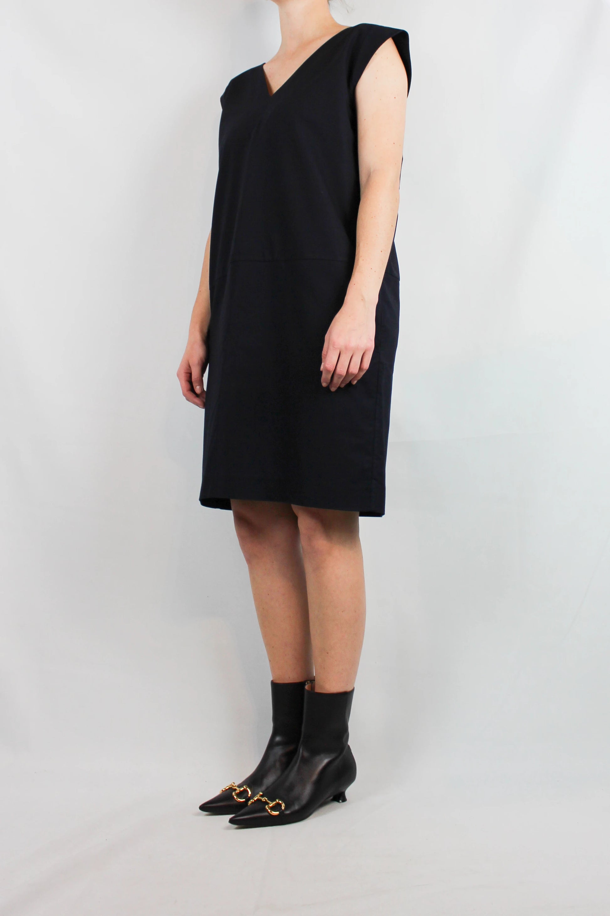 Navy Blue Cotton Straight-Cut Dress with V-Neckline