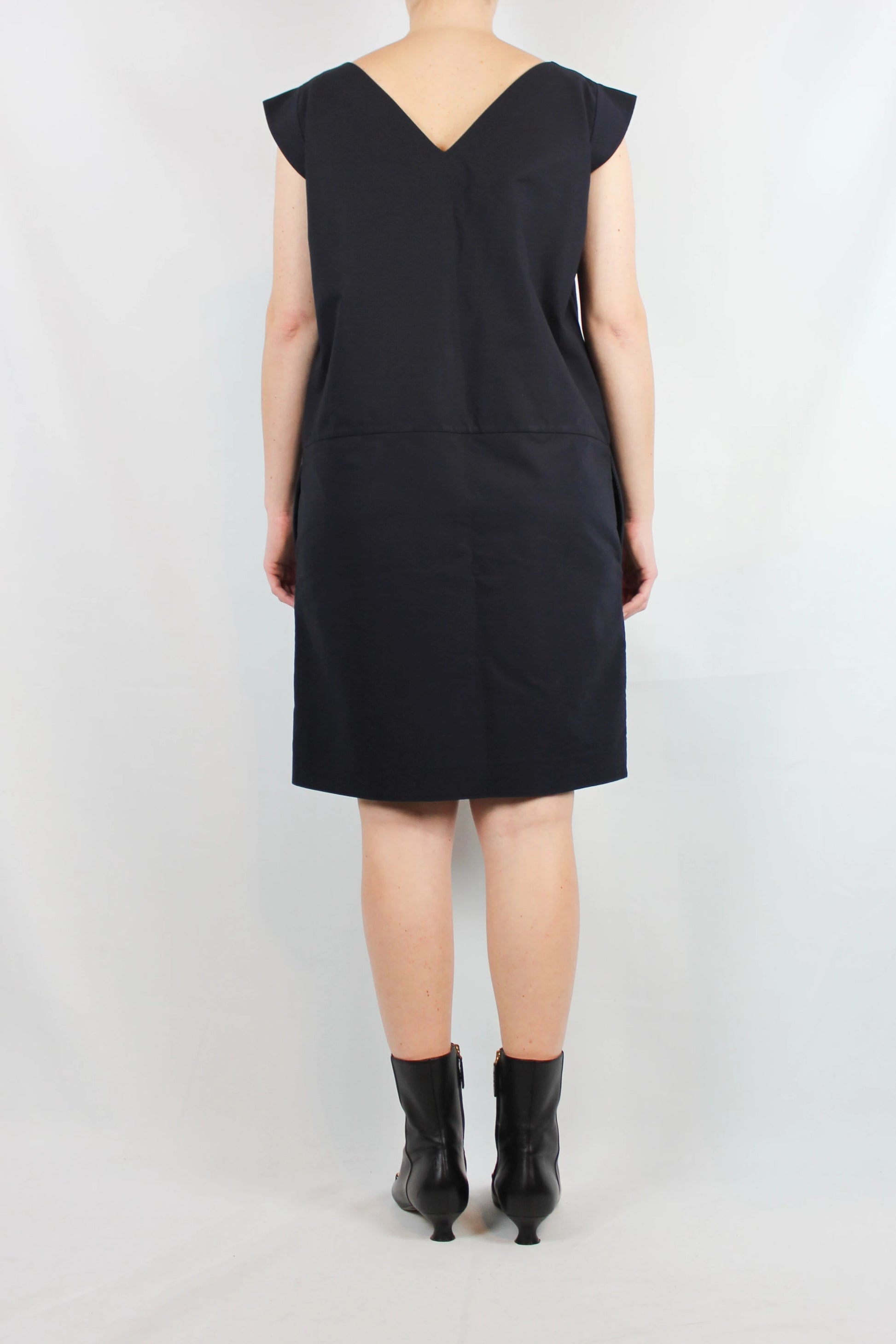 Navy Blue Cotton Straight-Cut Dress with V-Neckline