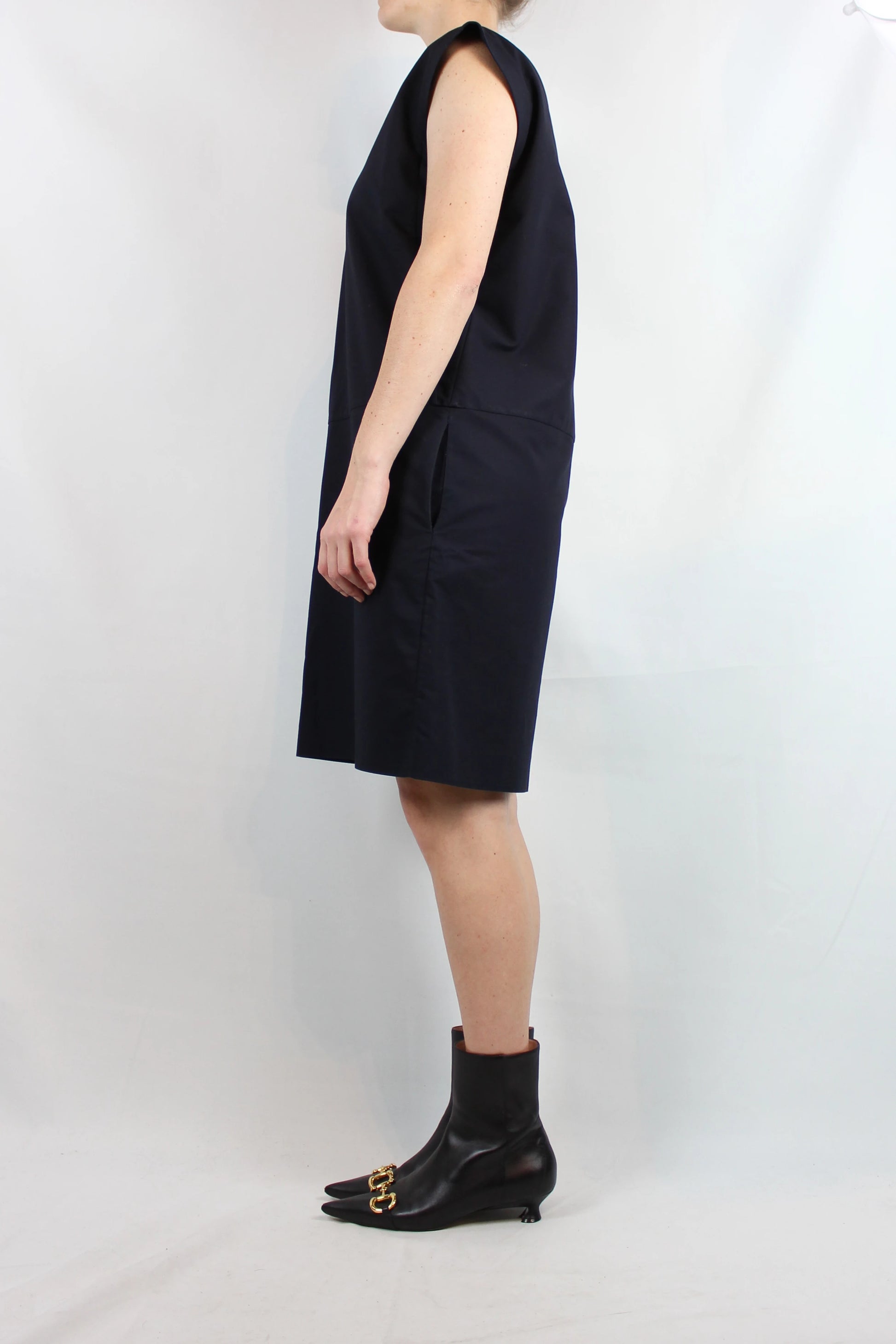 Navy Blue Cotton Straight-Cut Dress with V-Neckline