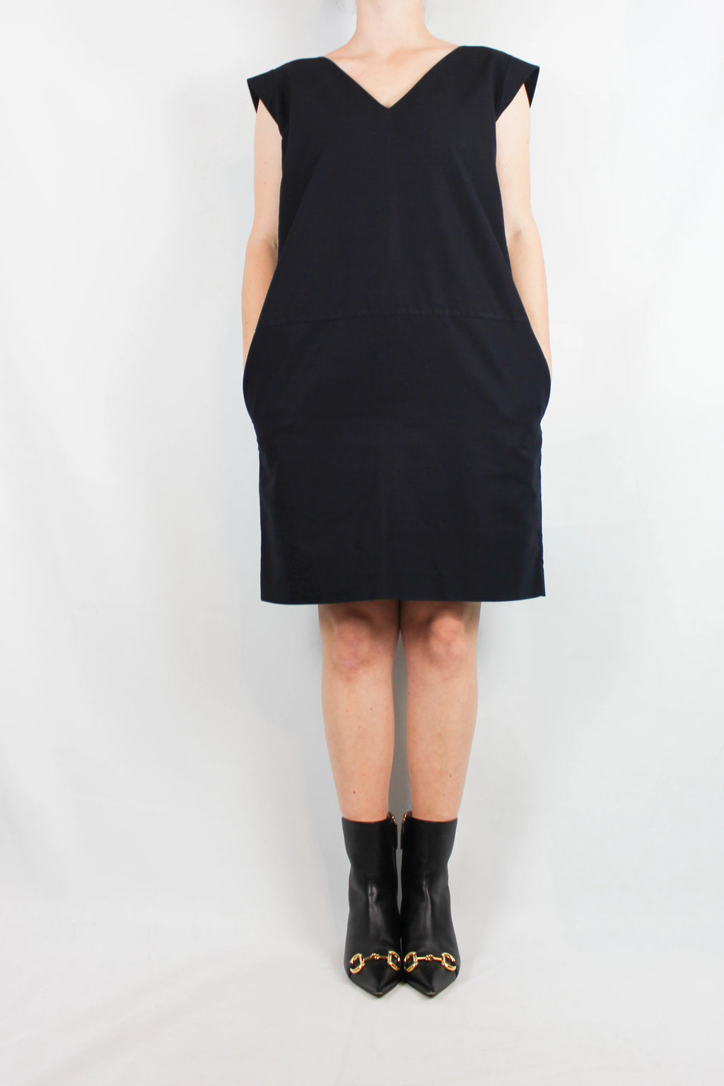 Navy Blue Cotton Straight-Cut Dress with V-Neckline