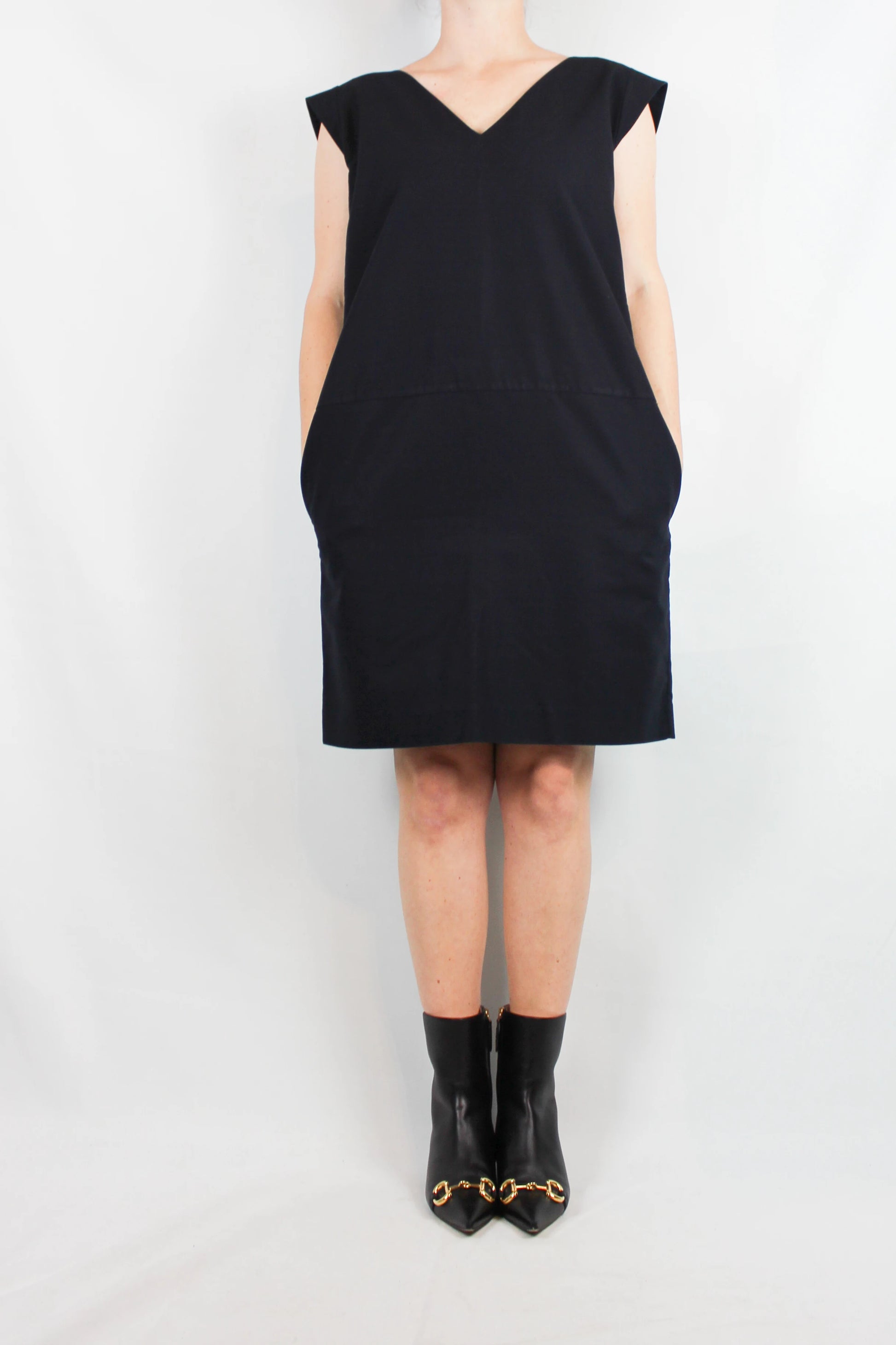 Navy Blue Cotton Straight-Cut Dress with V-Neckline