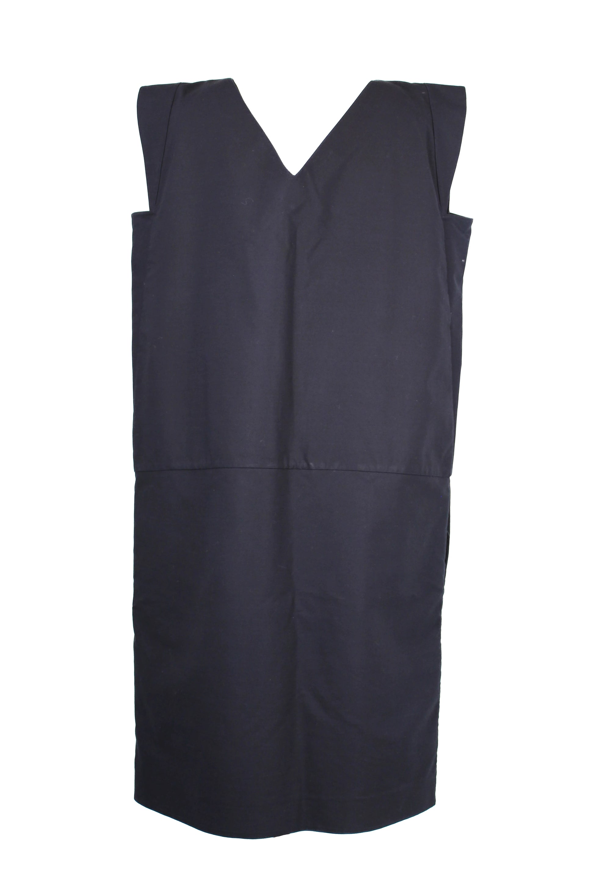 Navy Blue Cotton Straight-Cut Dress with V-Neckline