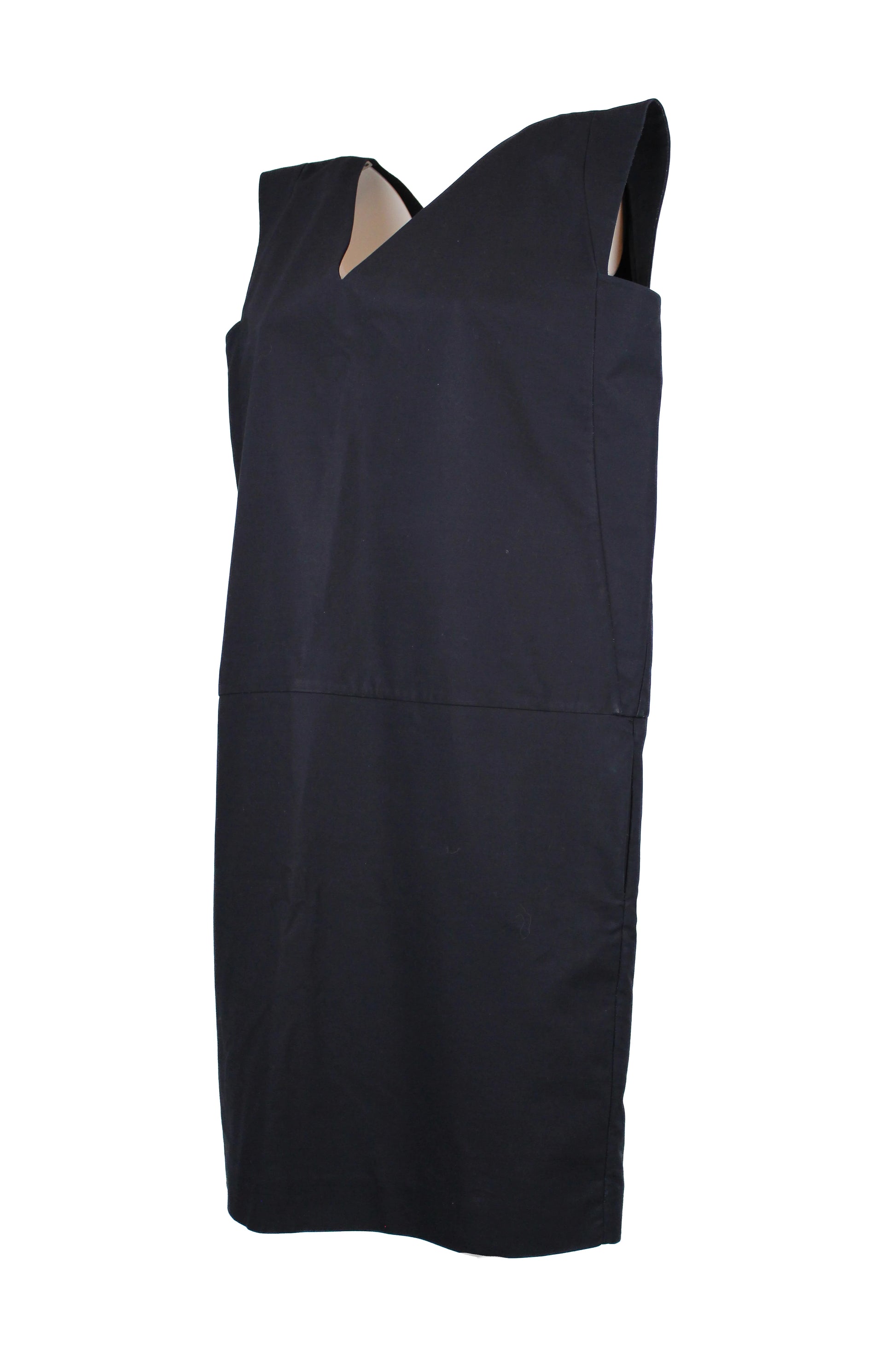 Navy Blue Cotton Straight-Cut Dress with V-Neckline
