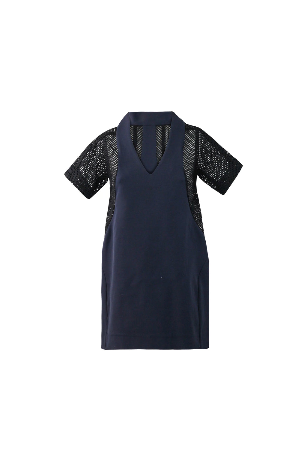 Navy & Black Mesh Panel Mini Dress V-Neck