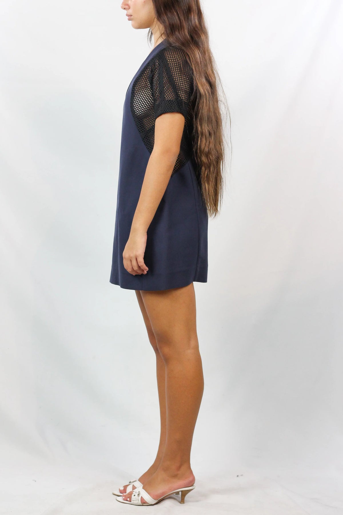 Navy & Black Mesh Panel Mini Dress V-Neck