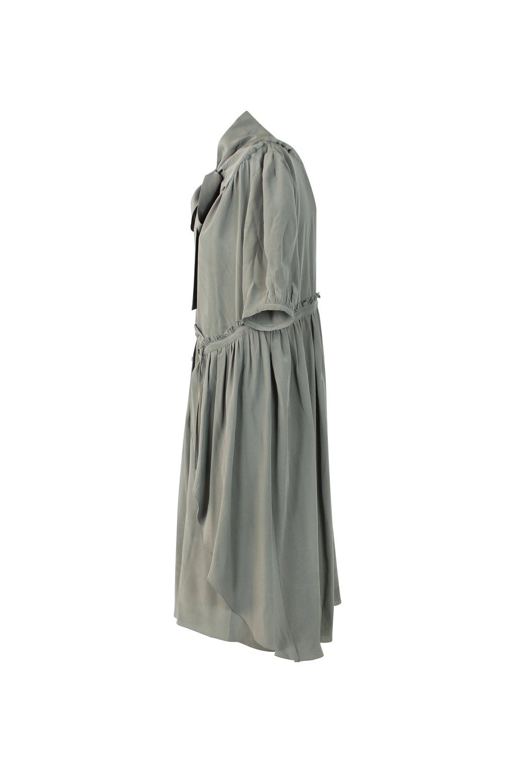 Grey Silk Dress with Scarf Collar and Ruffle Details