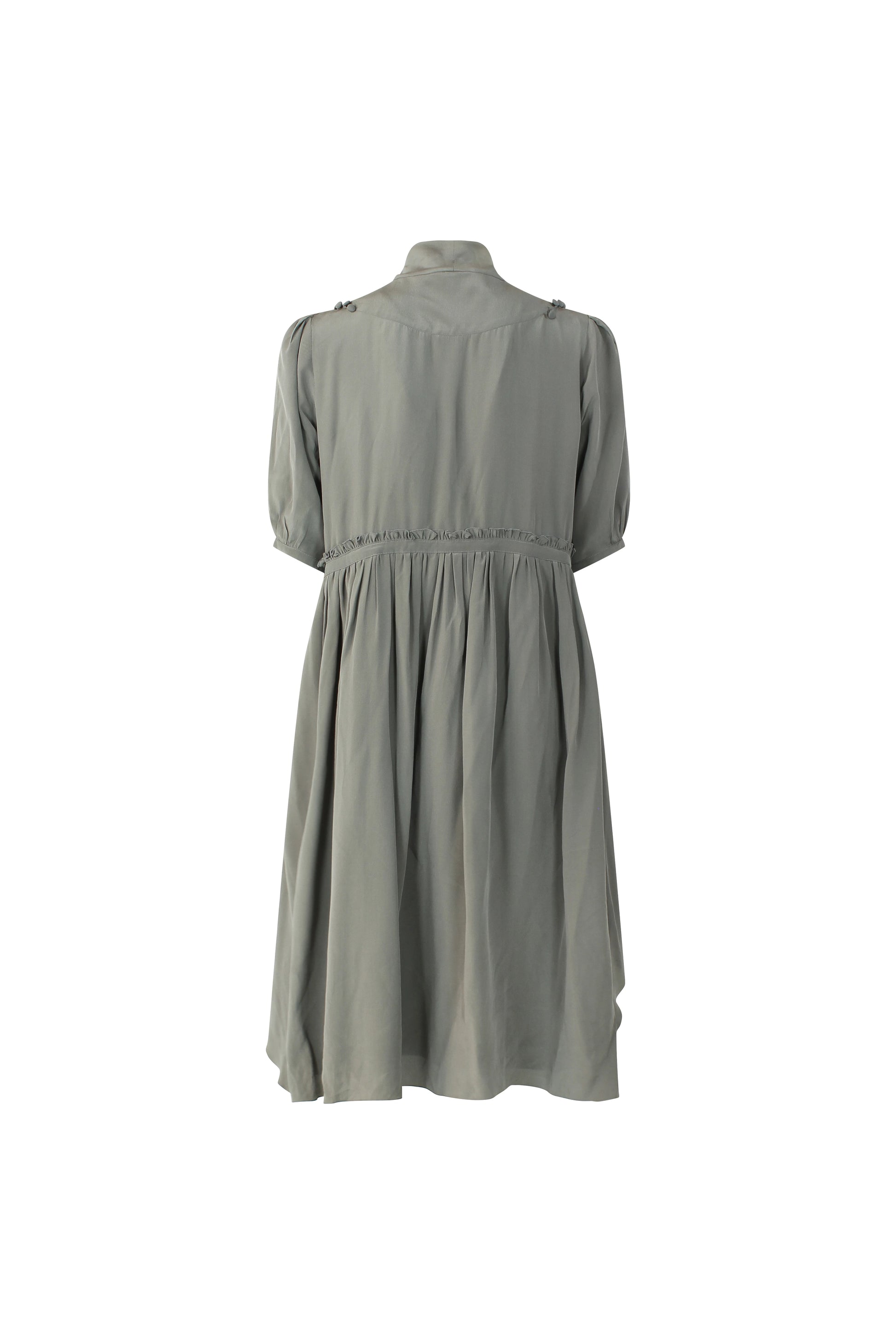 Grey Silk Dress with Scarf Collar and Ruffle Details
