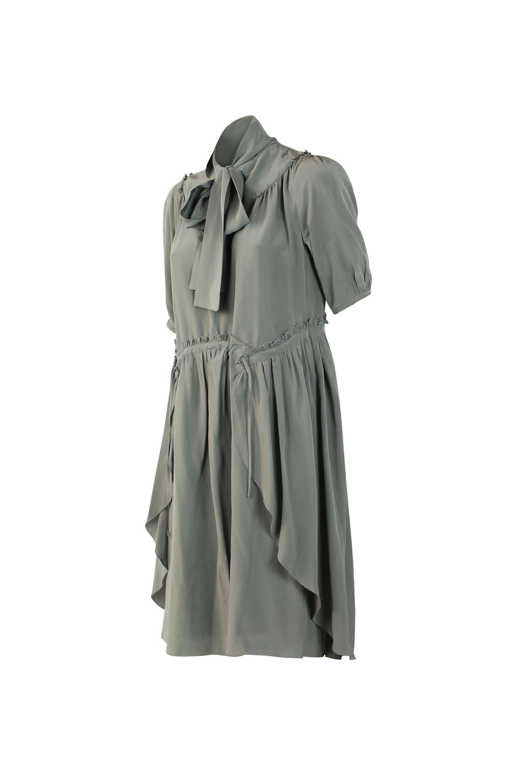 Grey Silk Dress with Scarf Collar and Ruffle Details