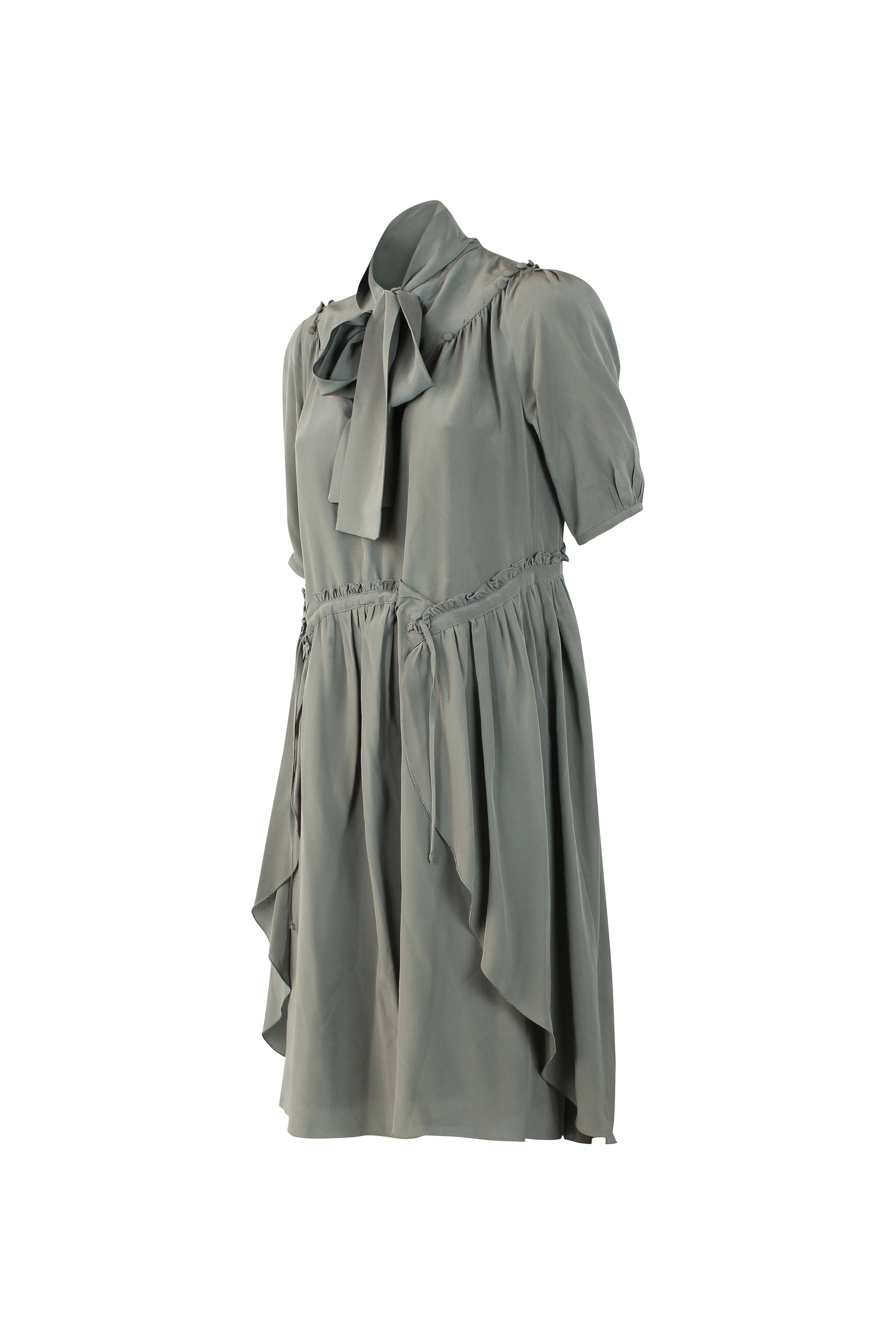 Grey Silk Dress with Scarf Collar and Ruffle Details