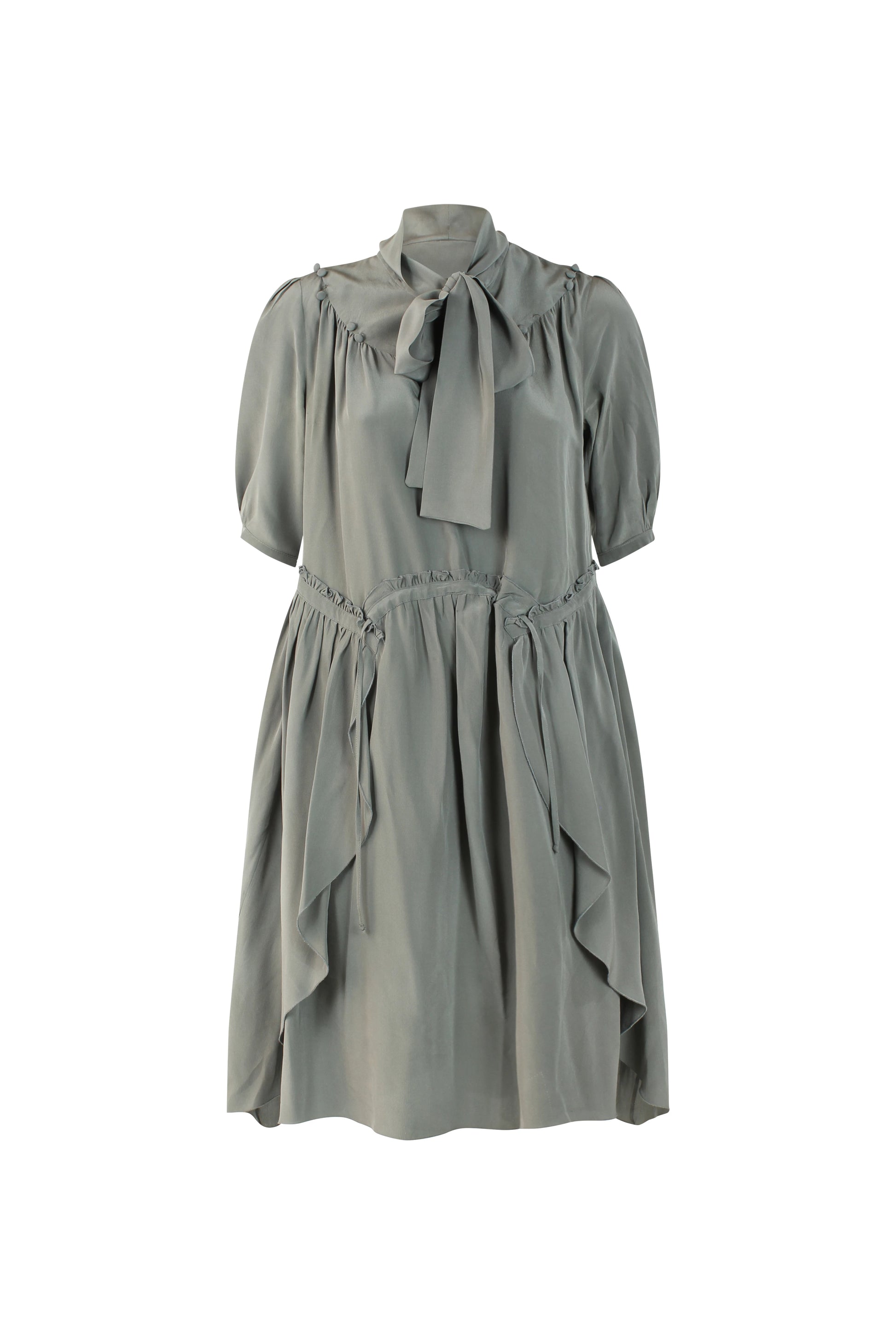 Grey Silk Dress with Scarf Collar and Ruffle Details