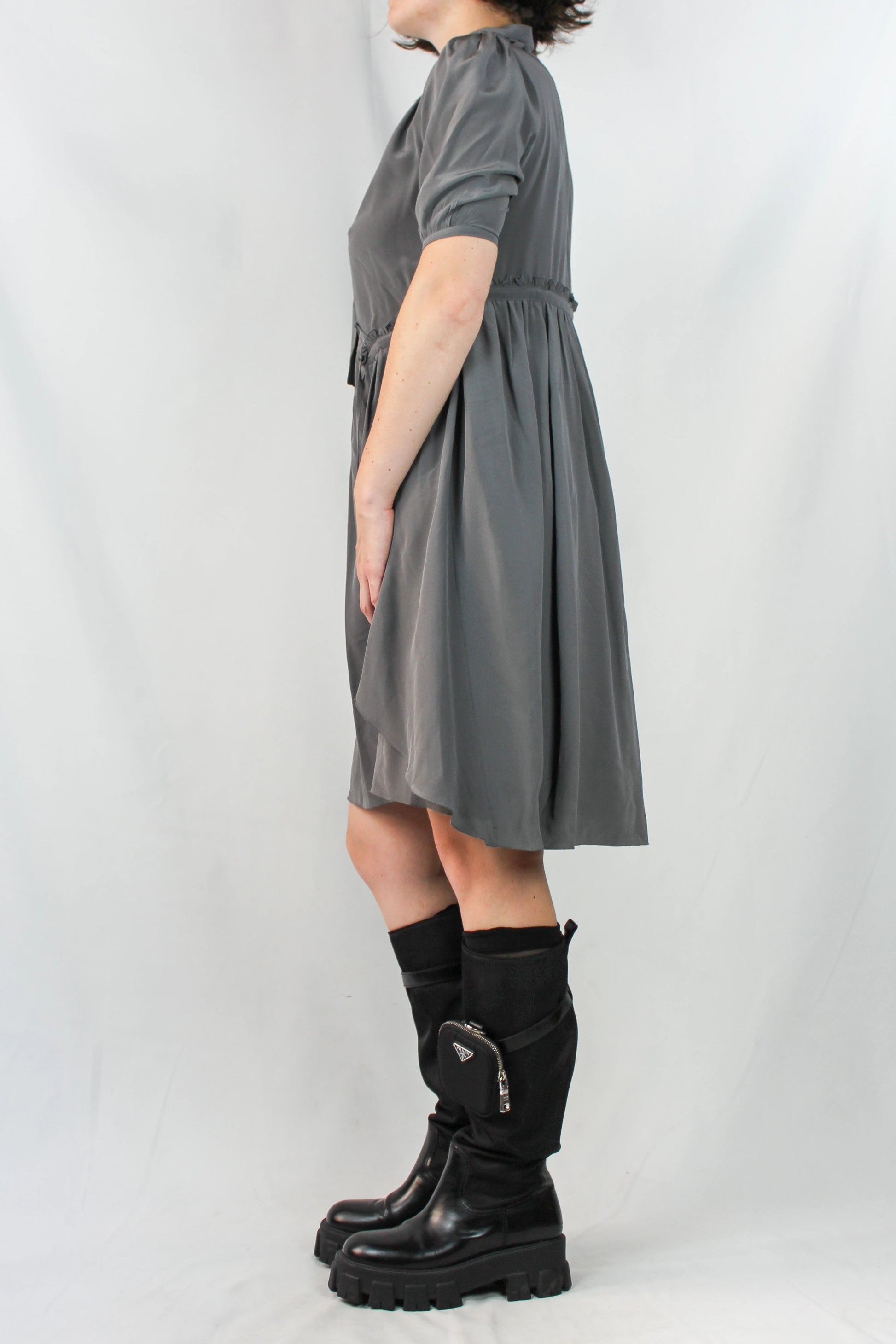 Grey Silk Dress with Scarf Collar and Ruffle Details