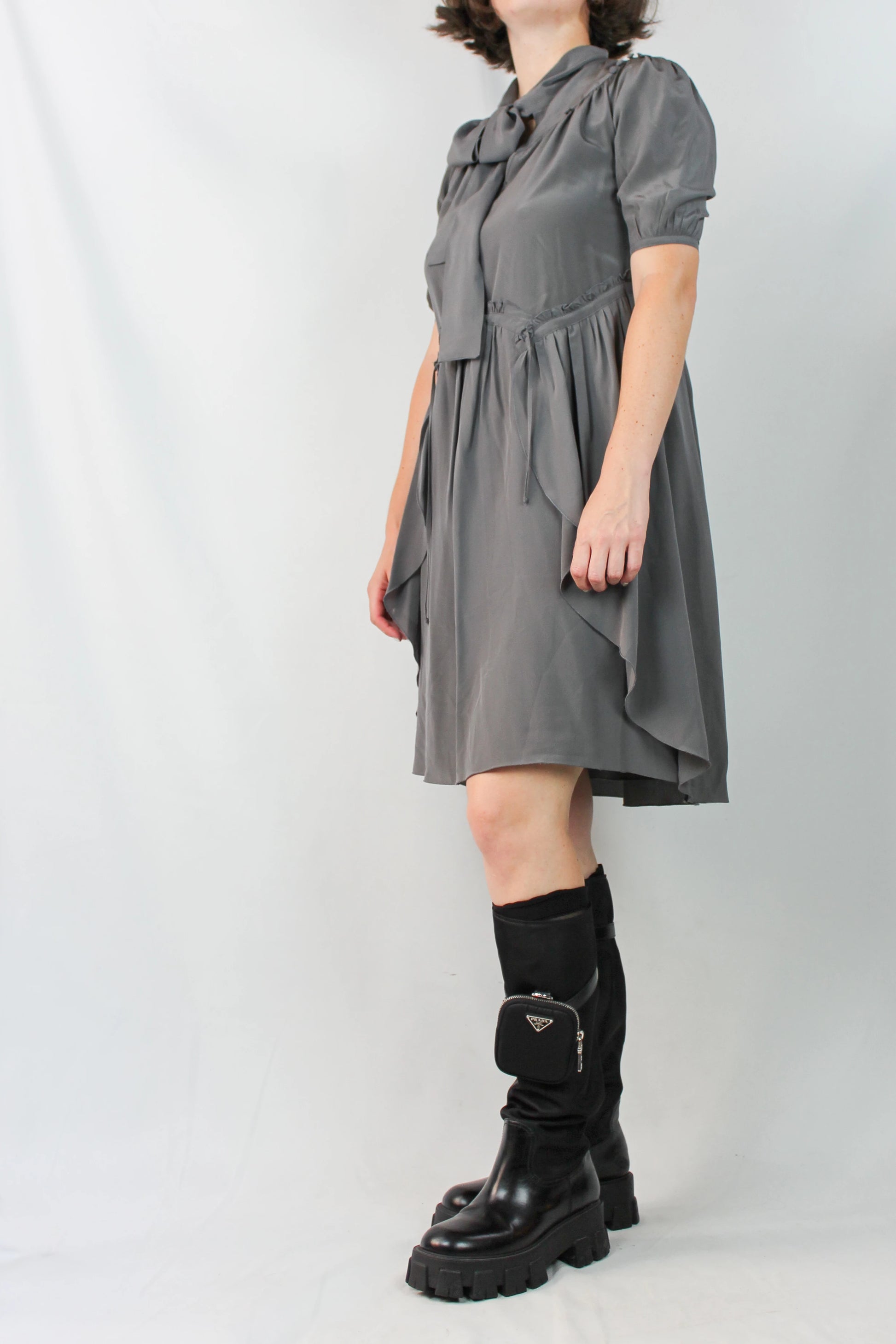Grey Silk Dress with Scarf Collar and Ruffle Details