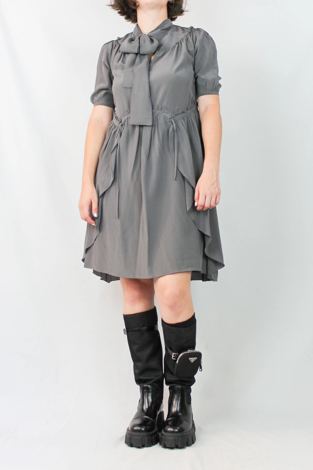 Grey Silk Dress with Scarf Collar and Ruffle Details