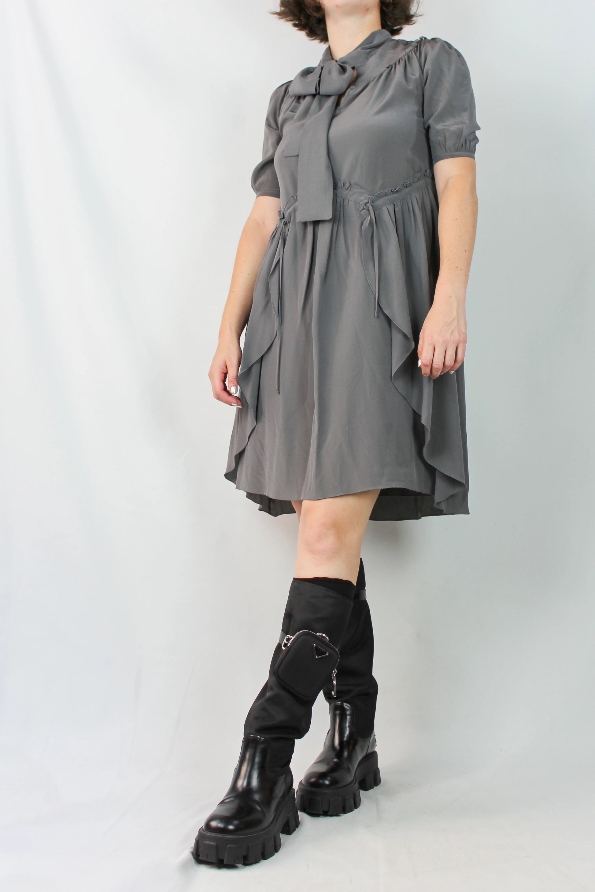 Grey Silk Dress with Scarf Collar and Ruffle Details