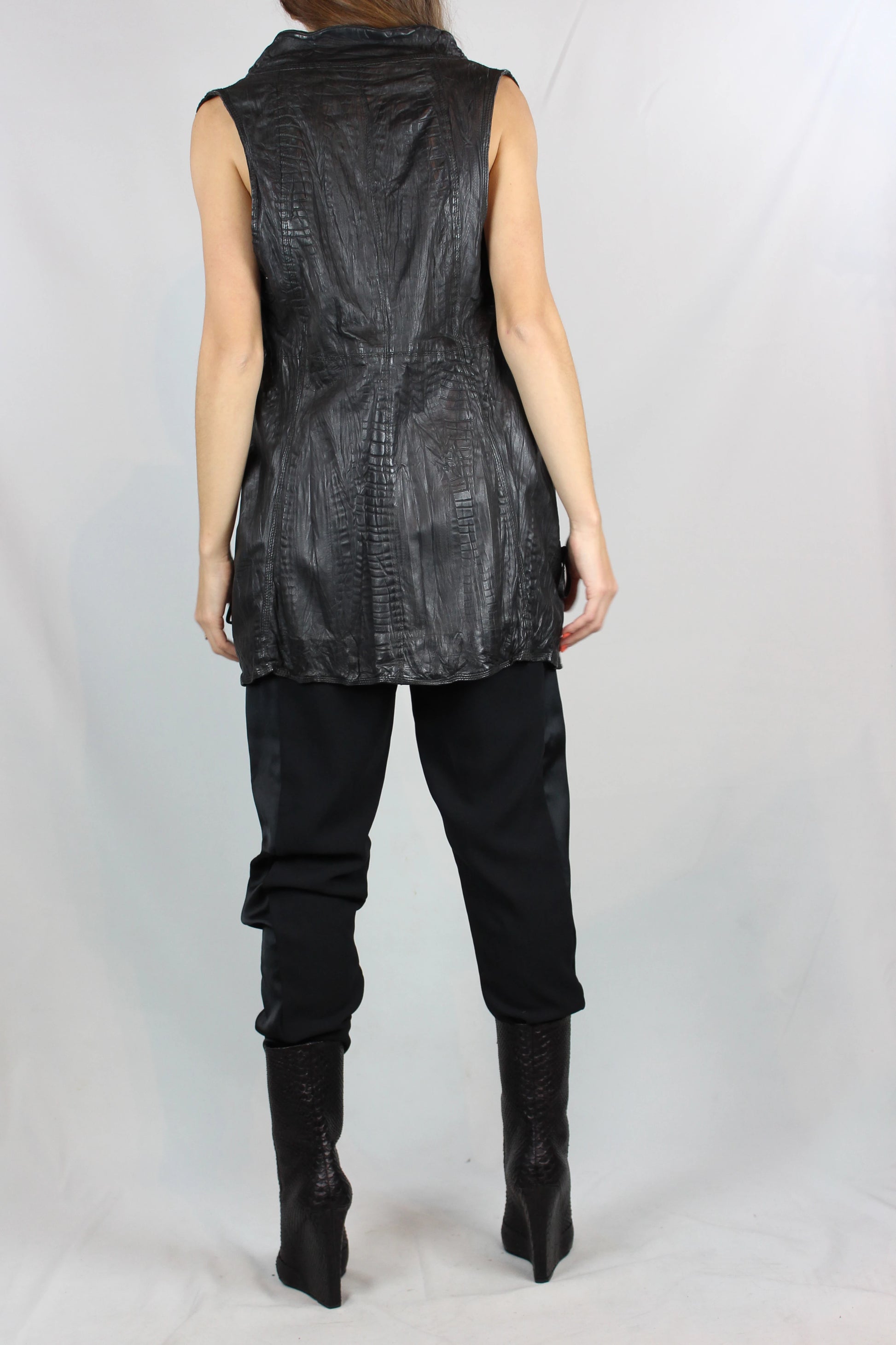 Black Leather Asymmetric Gilet