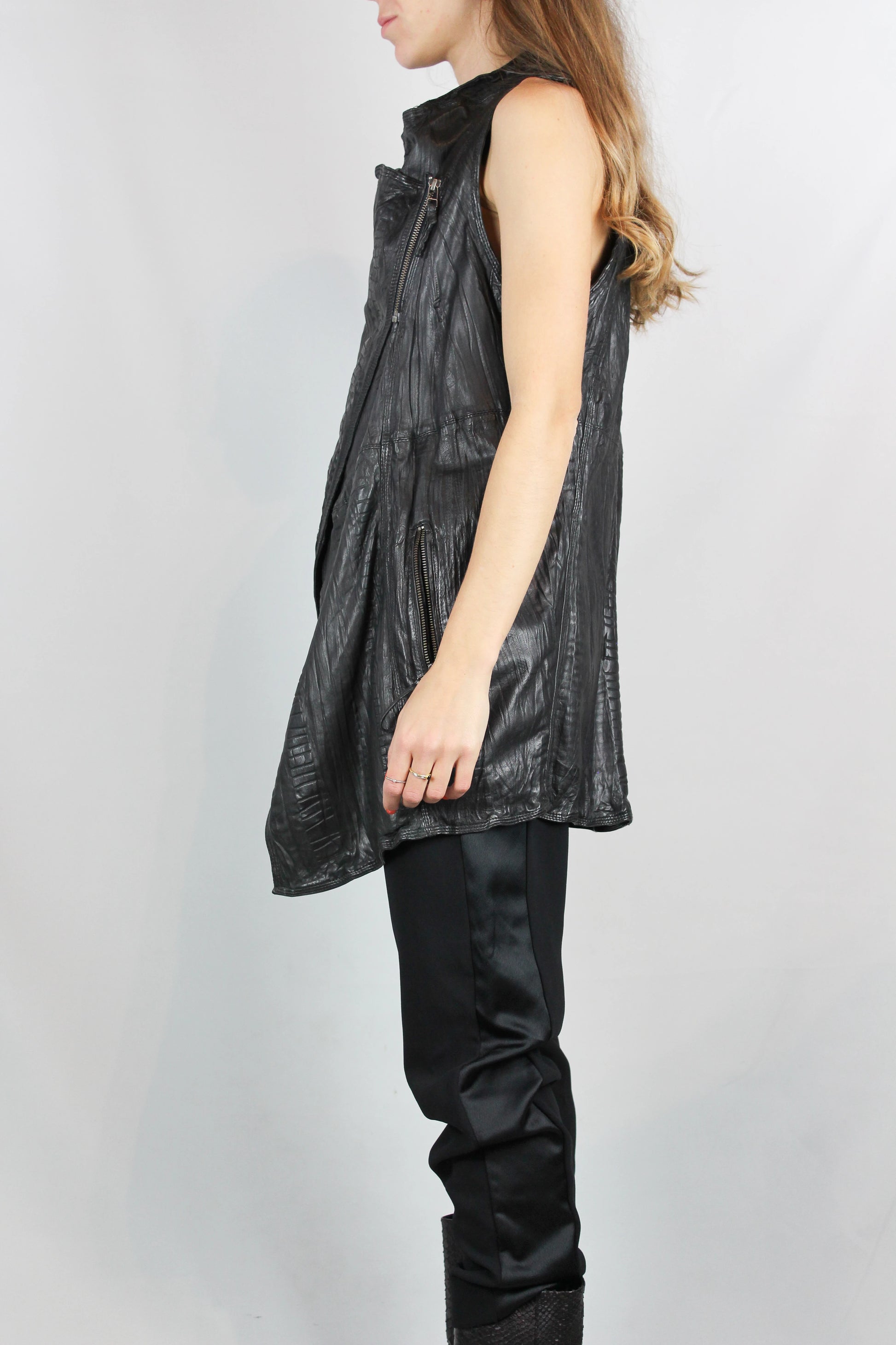 Black Leather Asymmetric Gilet