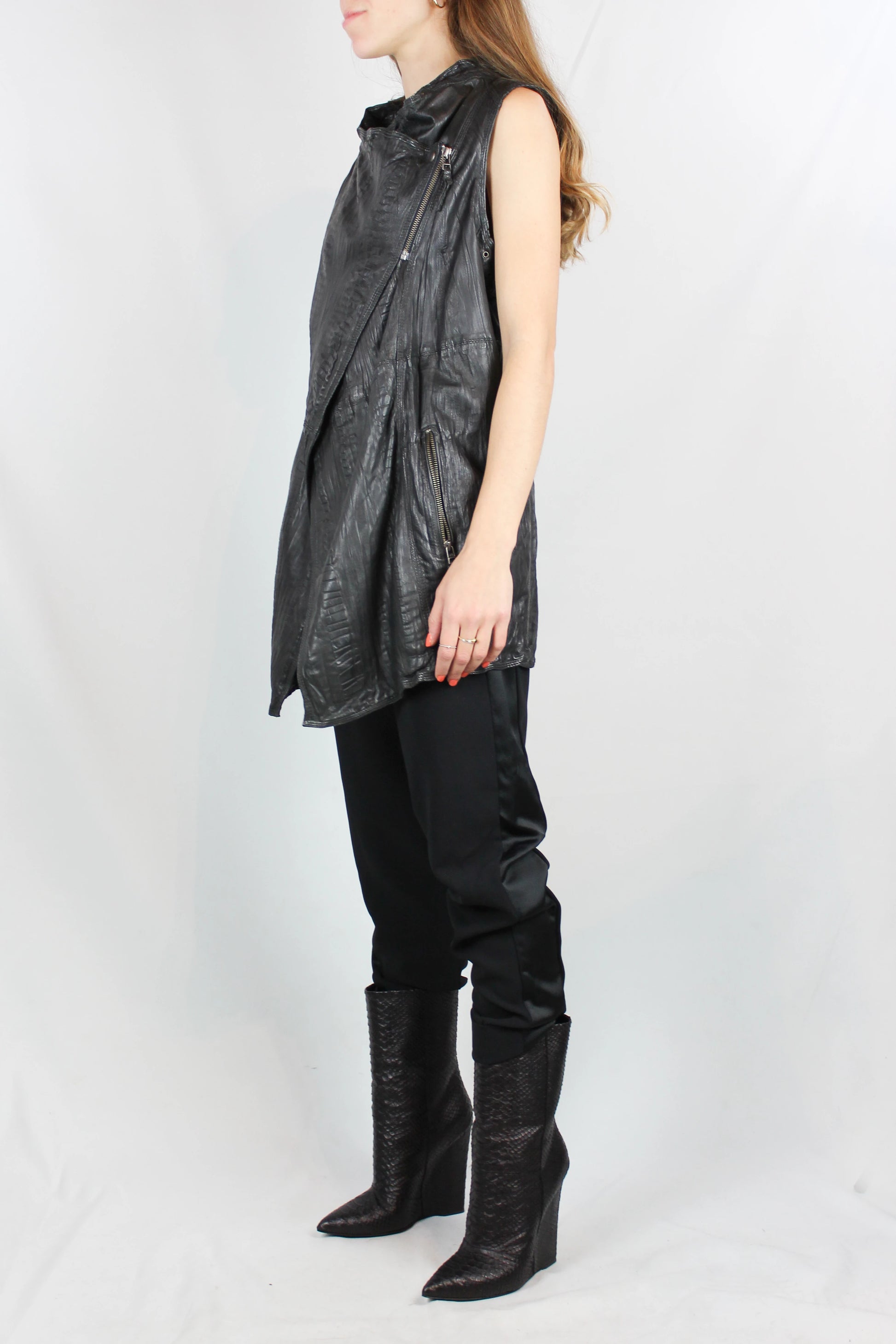 Black Leather Asymmetric Gilet