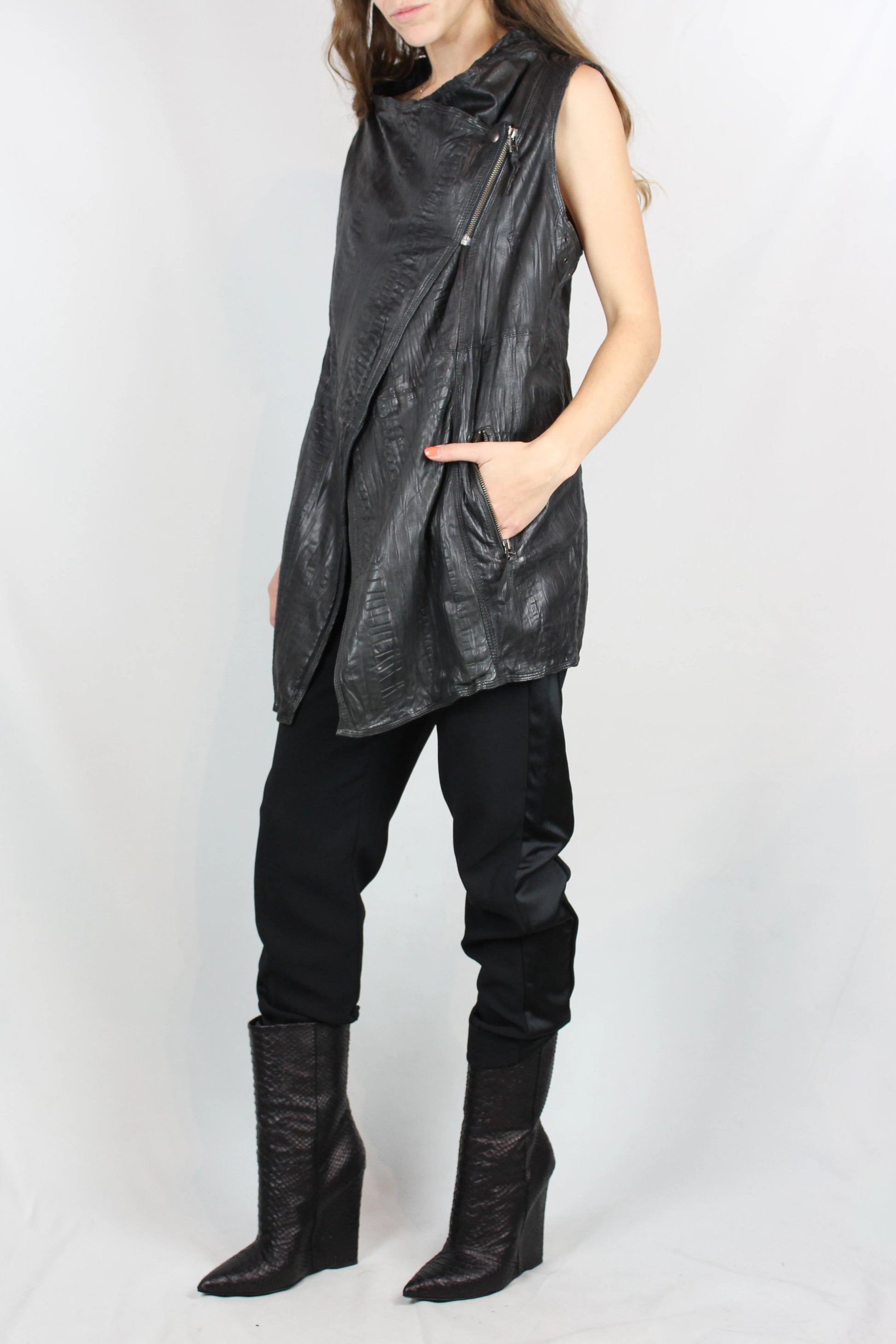 Black Leather Asymmetric Gilet
