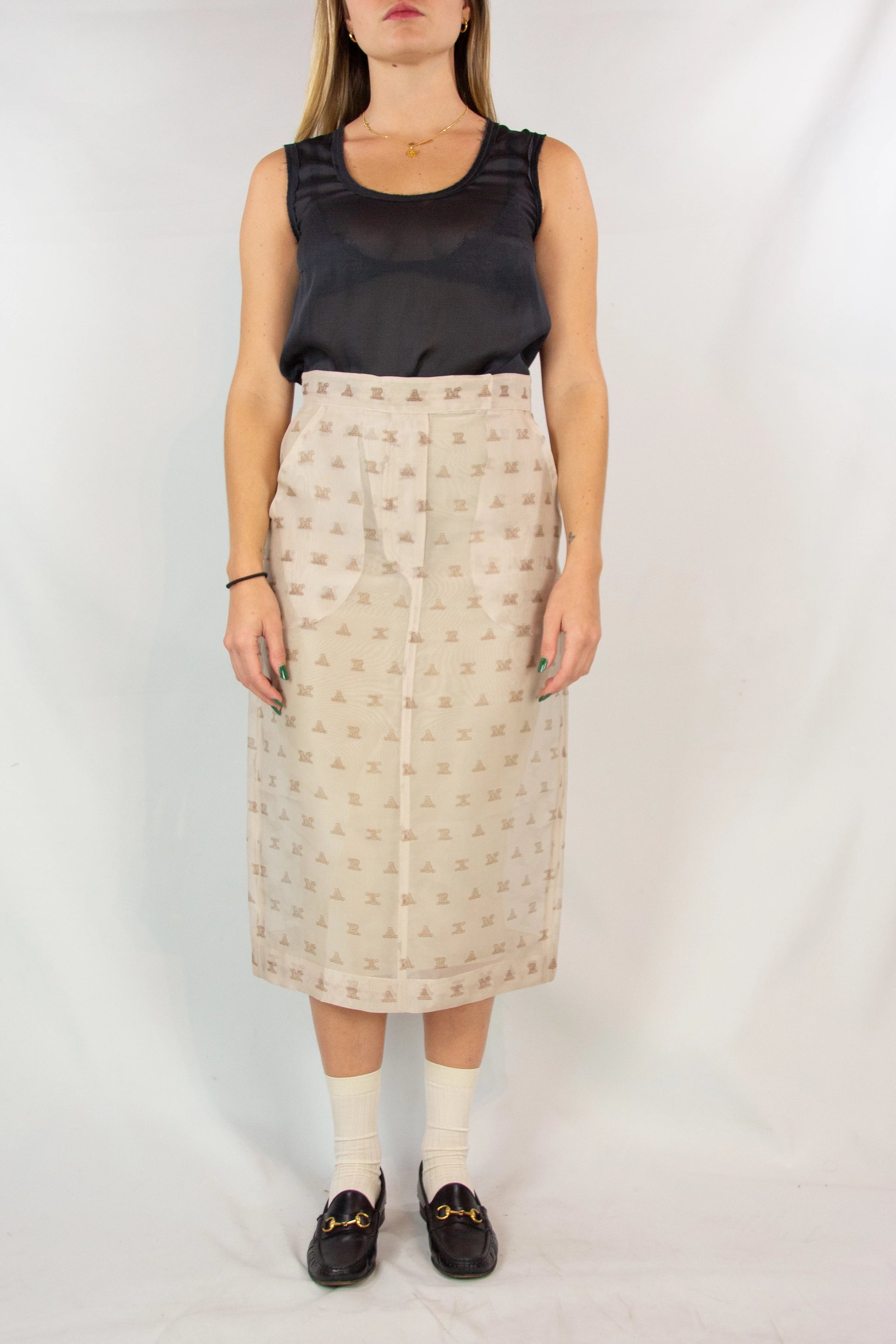 Ecru Chiffon High-Waisted Skirt with Monogram Pattern SS2018