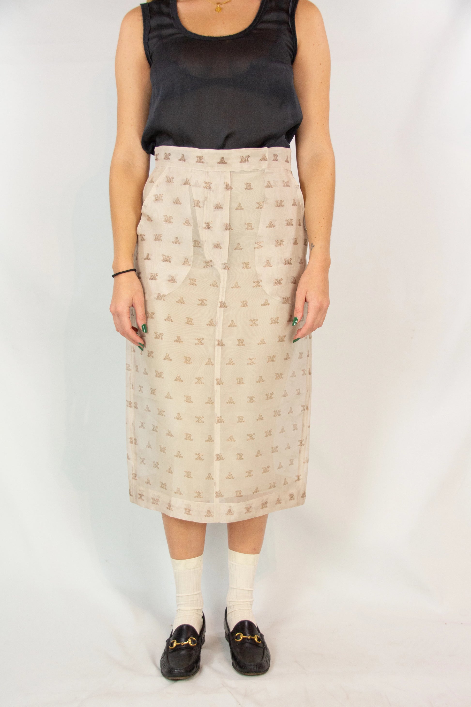Ecru Chiffon High-Waisted Skirt with Monogram Pattern SS2018
