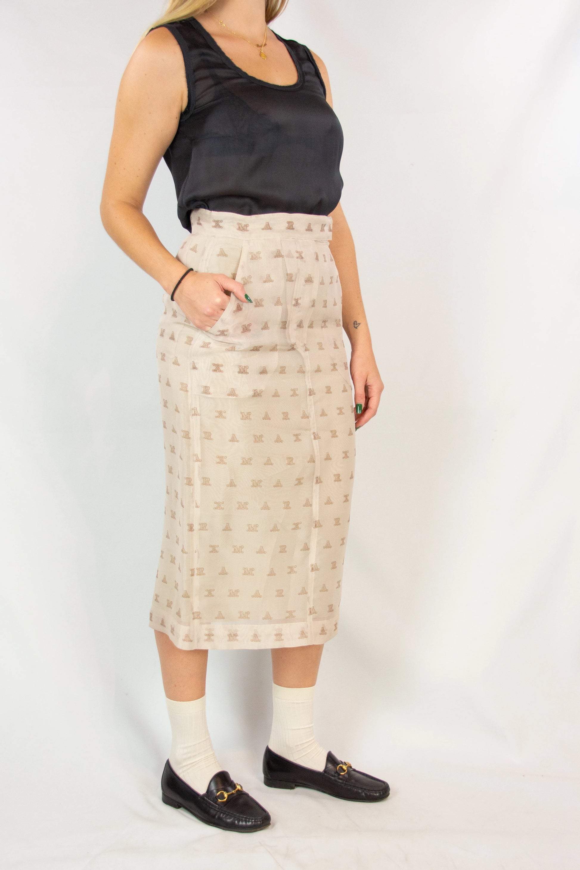 Ecru Chiffon High-Waisted Skirt with Monogram Pattern SS2018