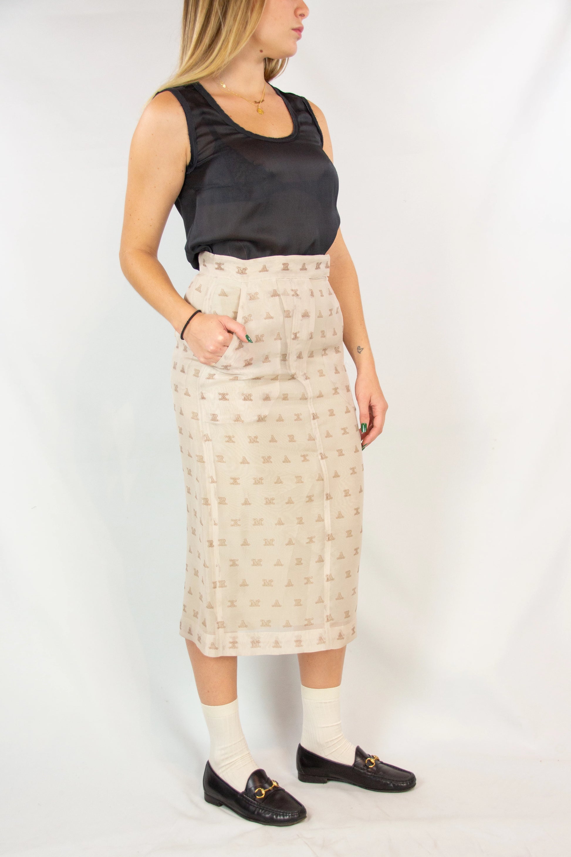 Ecru Chiffon High-Waisted Skirt with Monogram Pattern SS2018