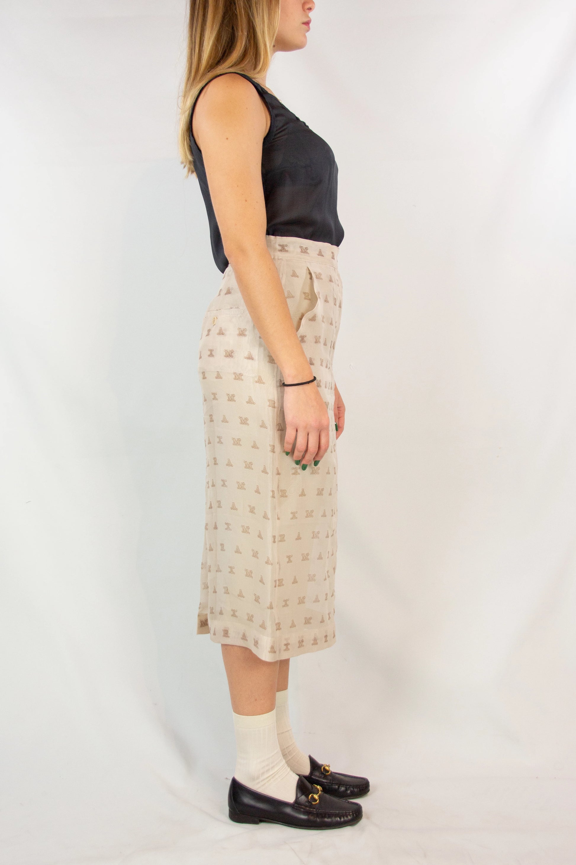 Ecru Chiffon High-Waisted Skirt with Monogram Pattern SS2018