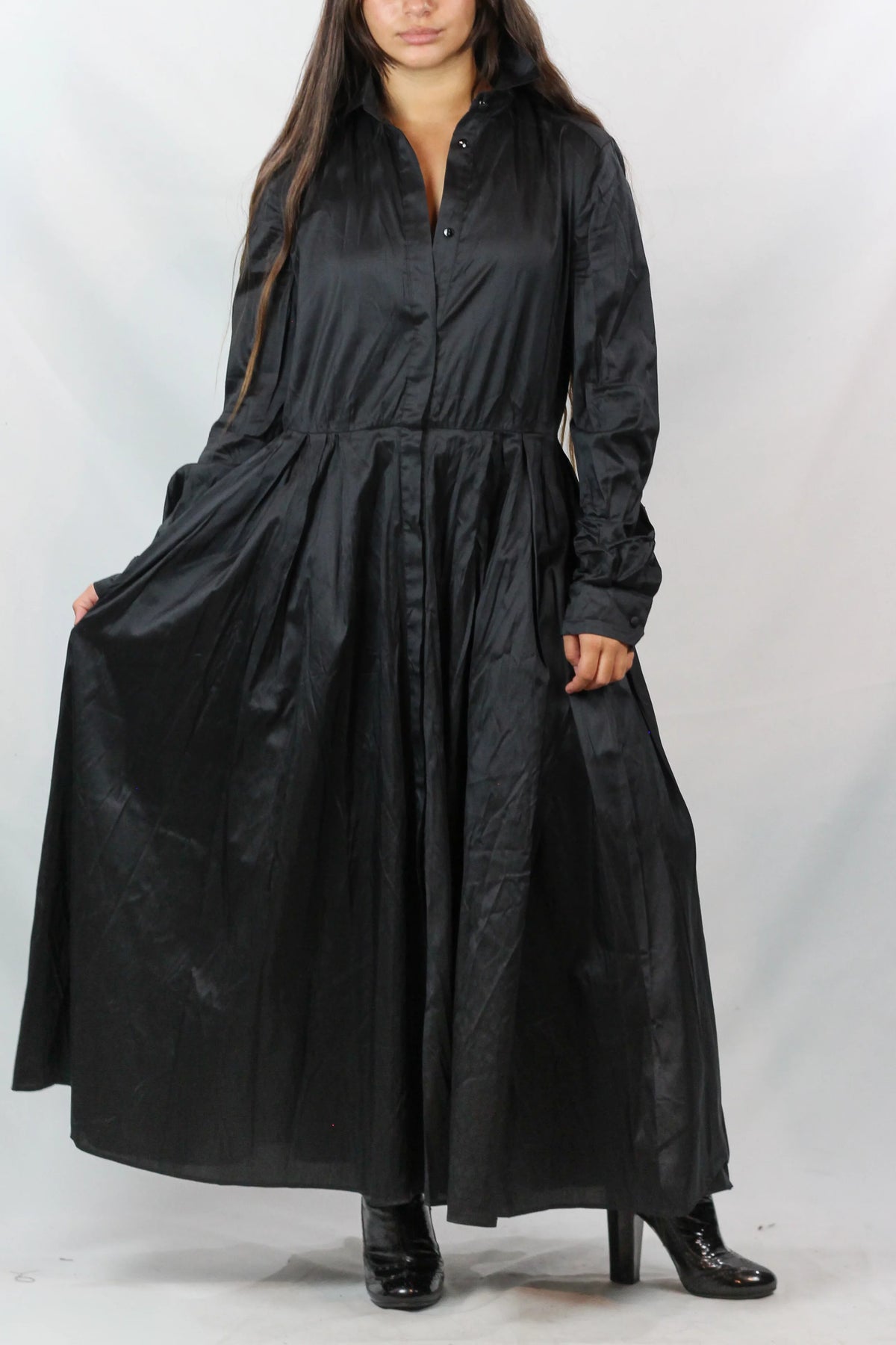 Silk Maxi Shirt Dress in Black