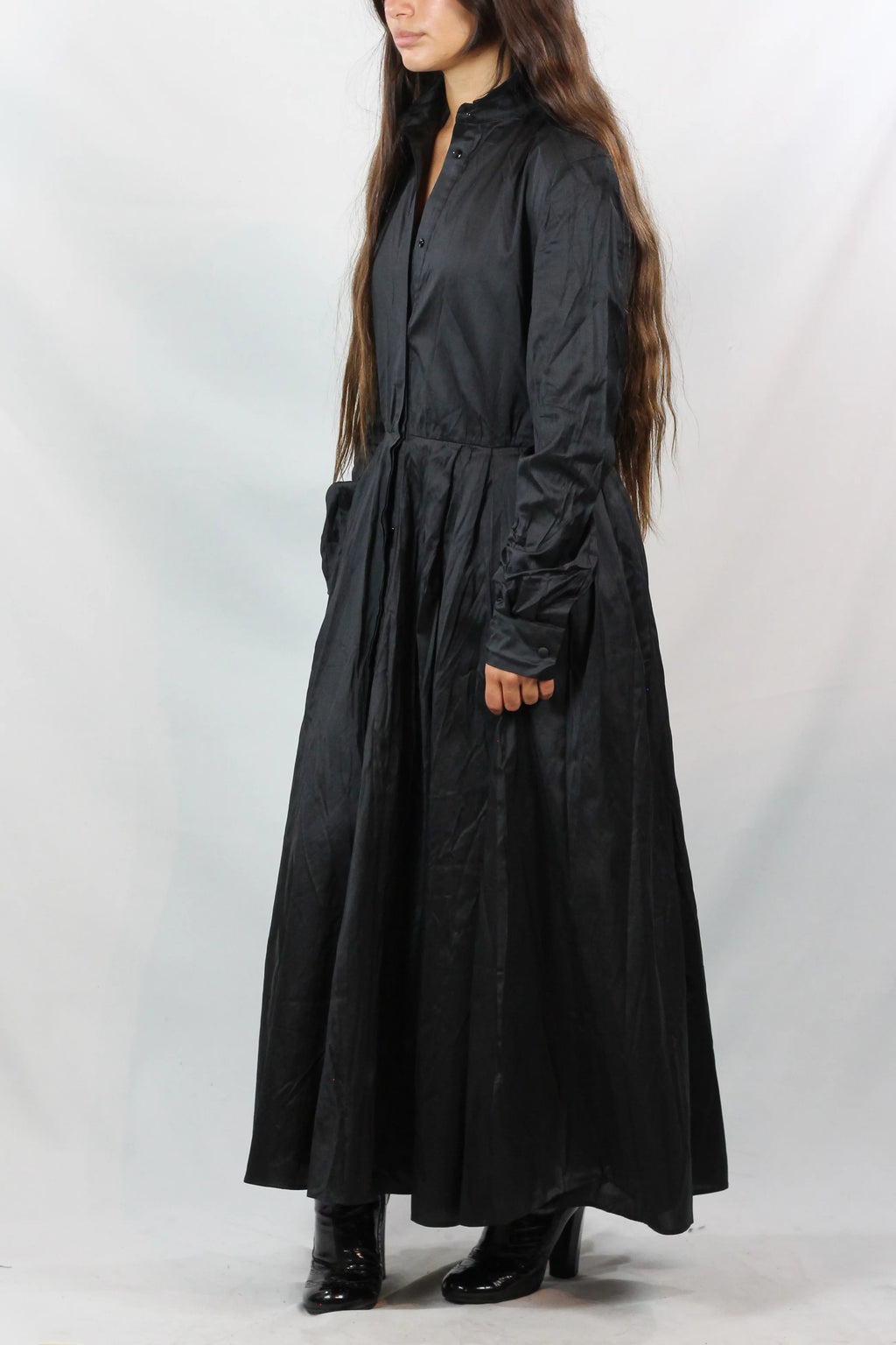 Silk Maxi Shirt Dress in Black