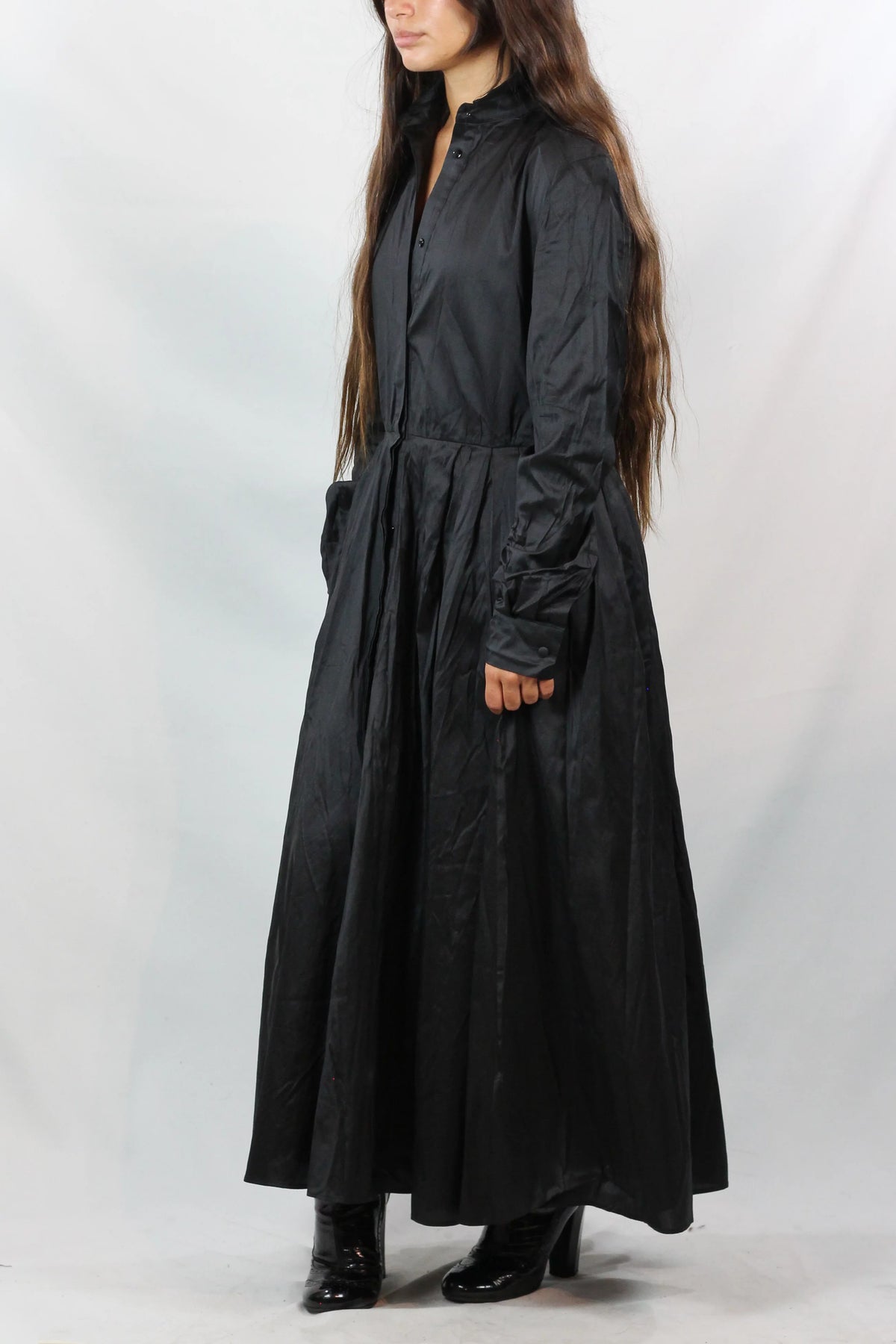 Silk Maxi Shirt Dress in Black