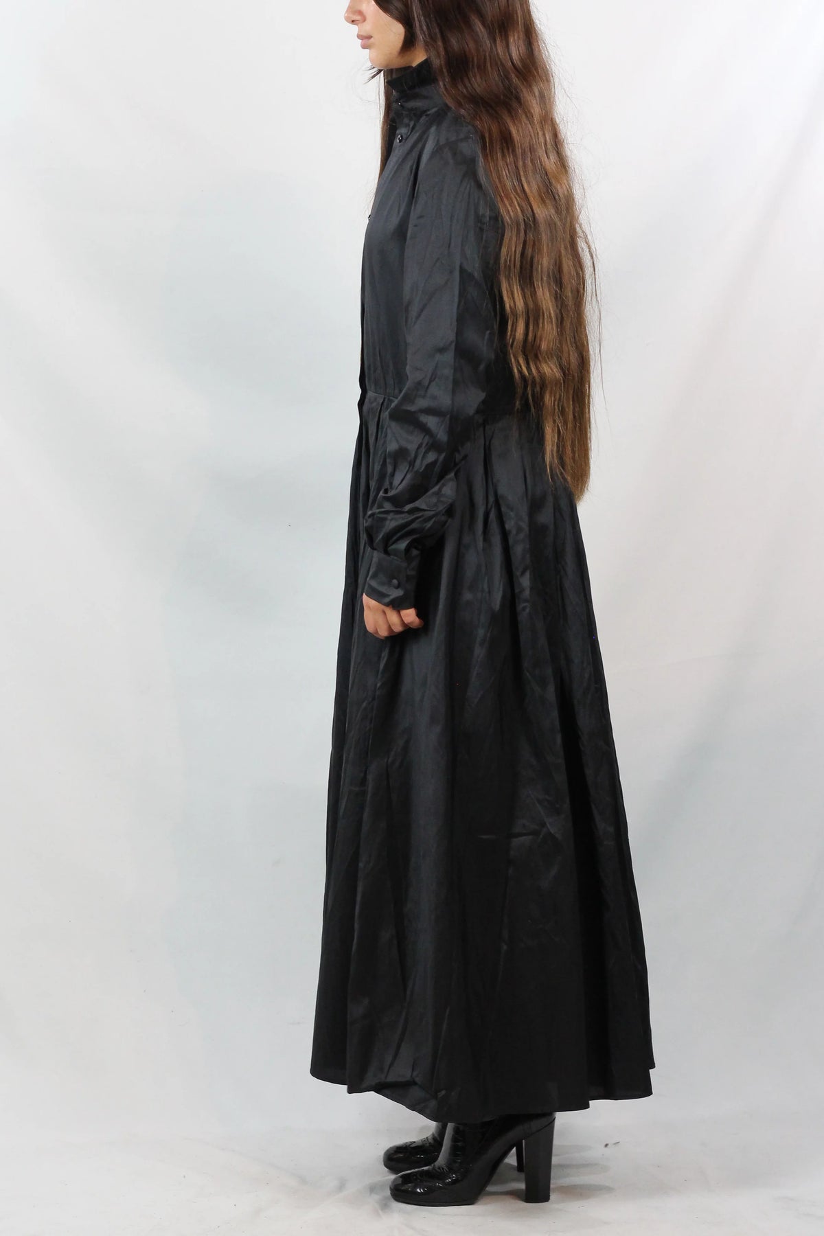 Silk Maxi Shirt Dress in Black