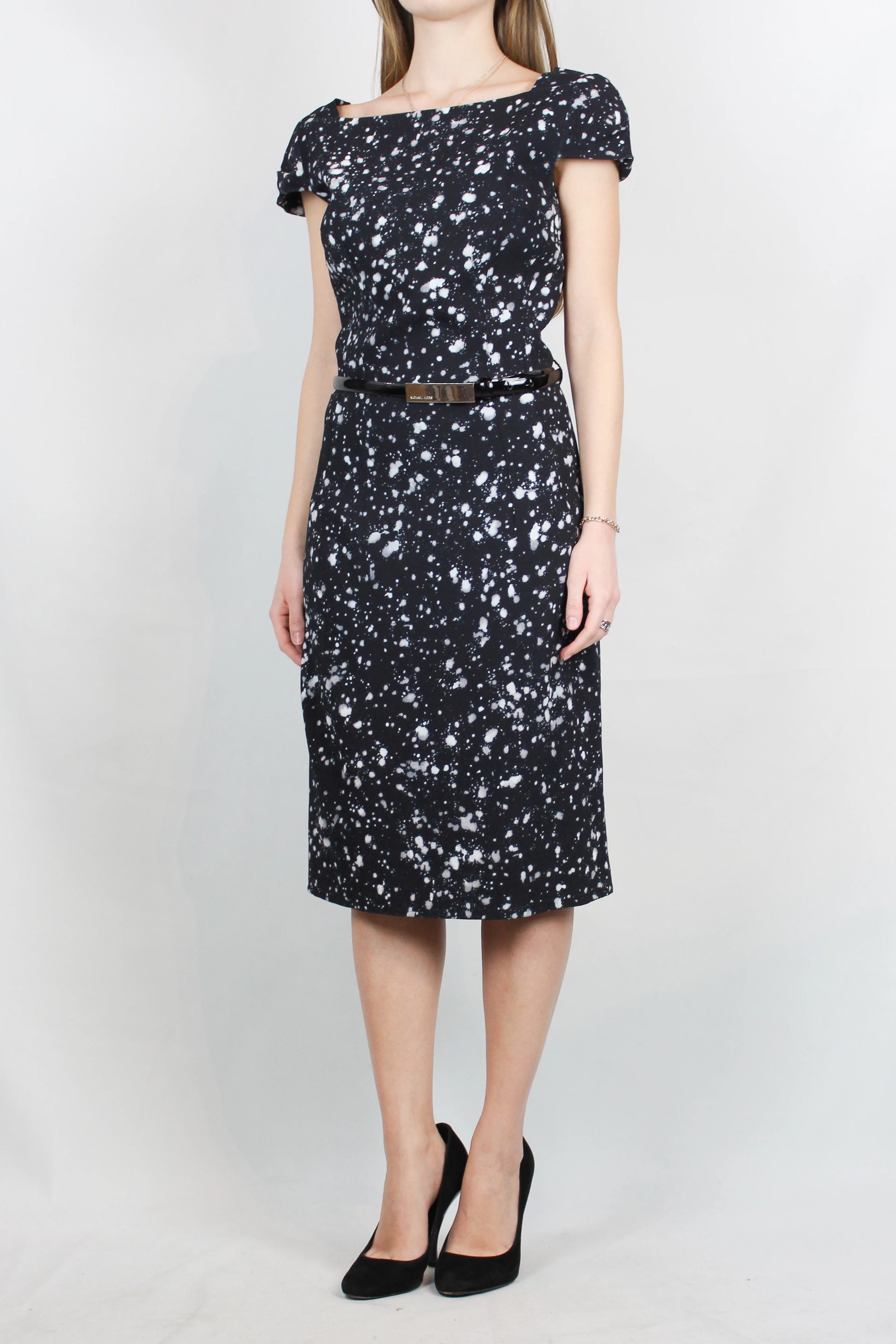 Black Fitted Dress with White Paint Print and Patent Belt